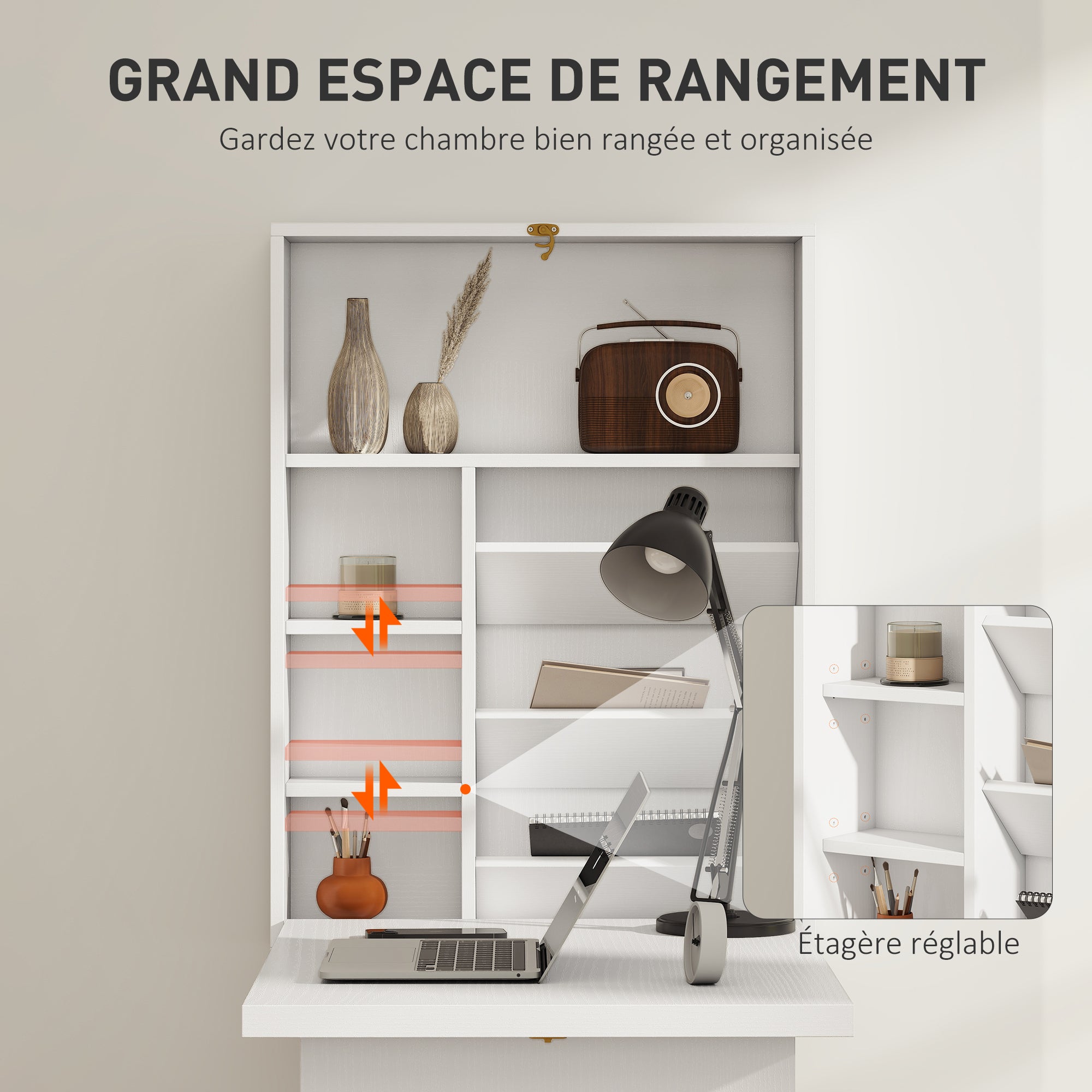 Bureau pliable mural avec étagères de rangement, bureau rabattable, table murale pliante, gain de place idéal pour salon, salle à manger, petit espace, blanc