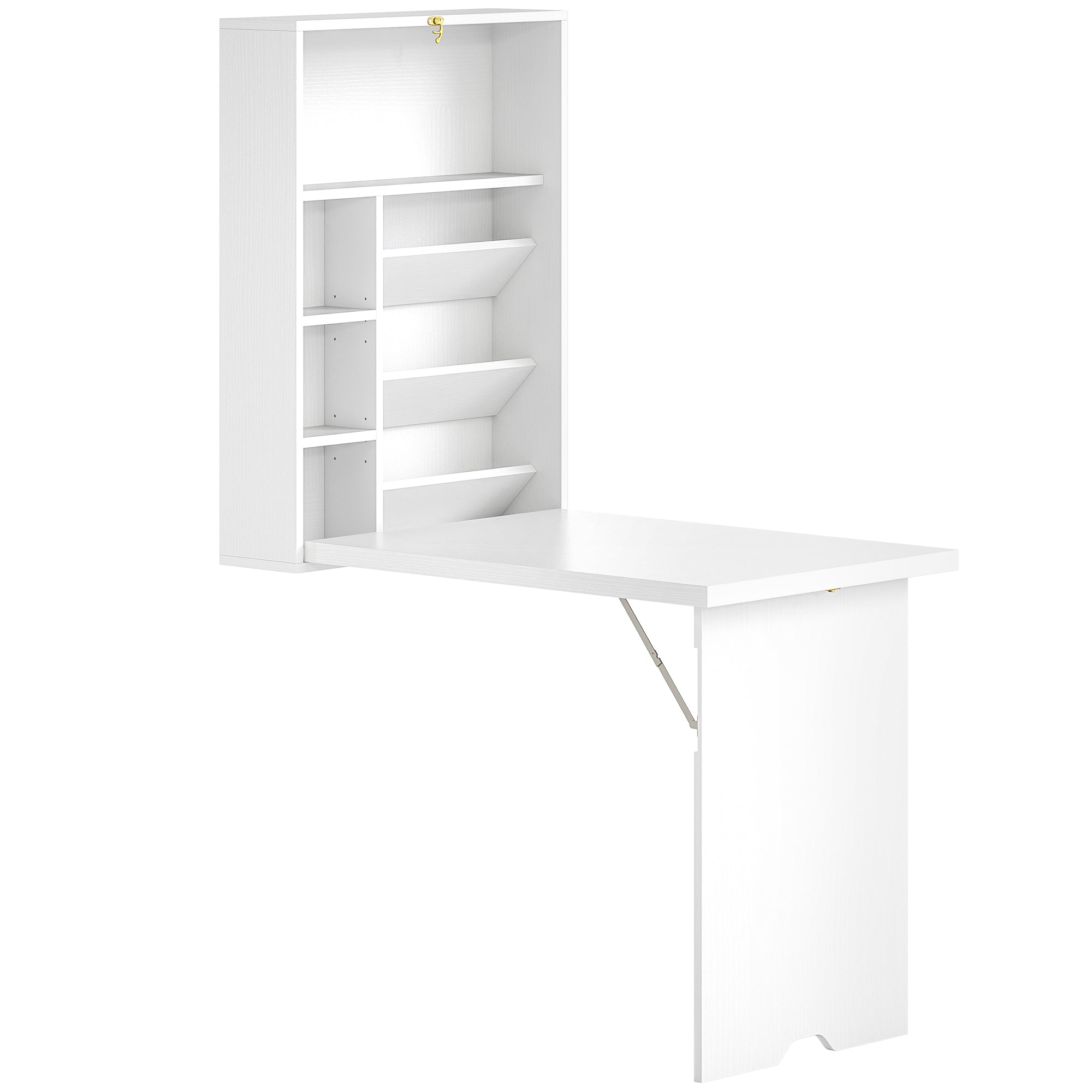 Bureau pliable mural avec étagères de rangement, bureau rabattable, table murale pliante, gain de place idéal pour salon, salle à manger, petit espace, blanc