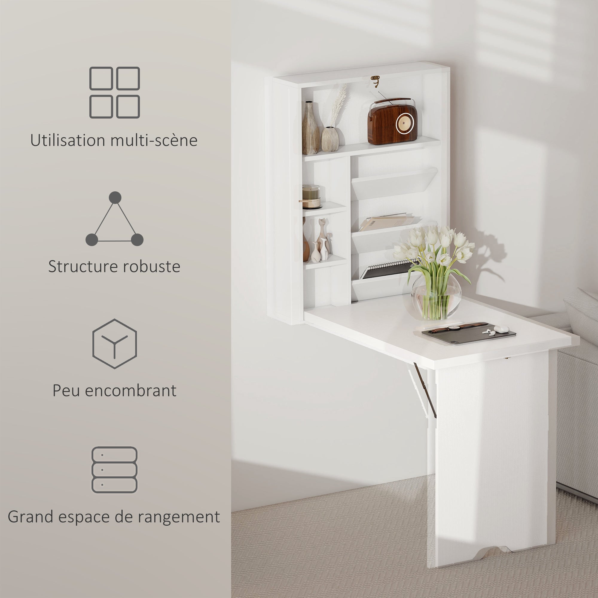 Bureau pliable mural avec étagères de rangement, bureau rabattable, table murale pliante, gain de place idéal pour salon, salle à manger, petit espace, blanc