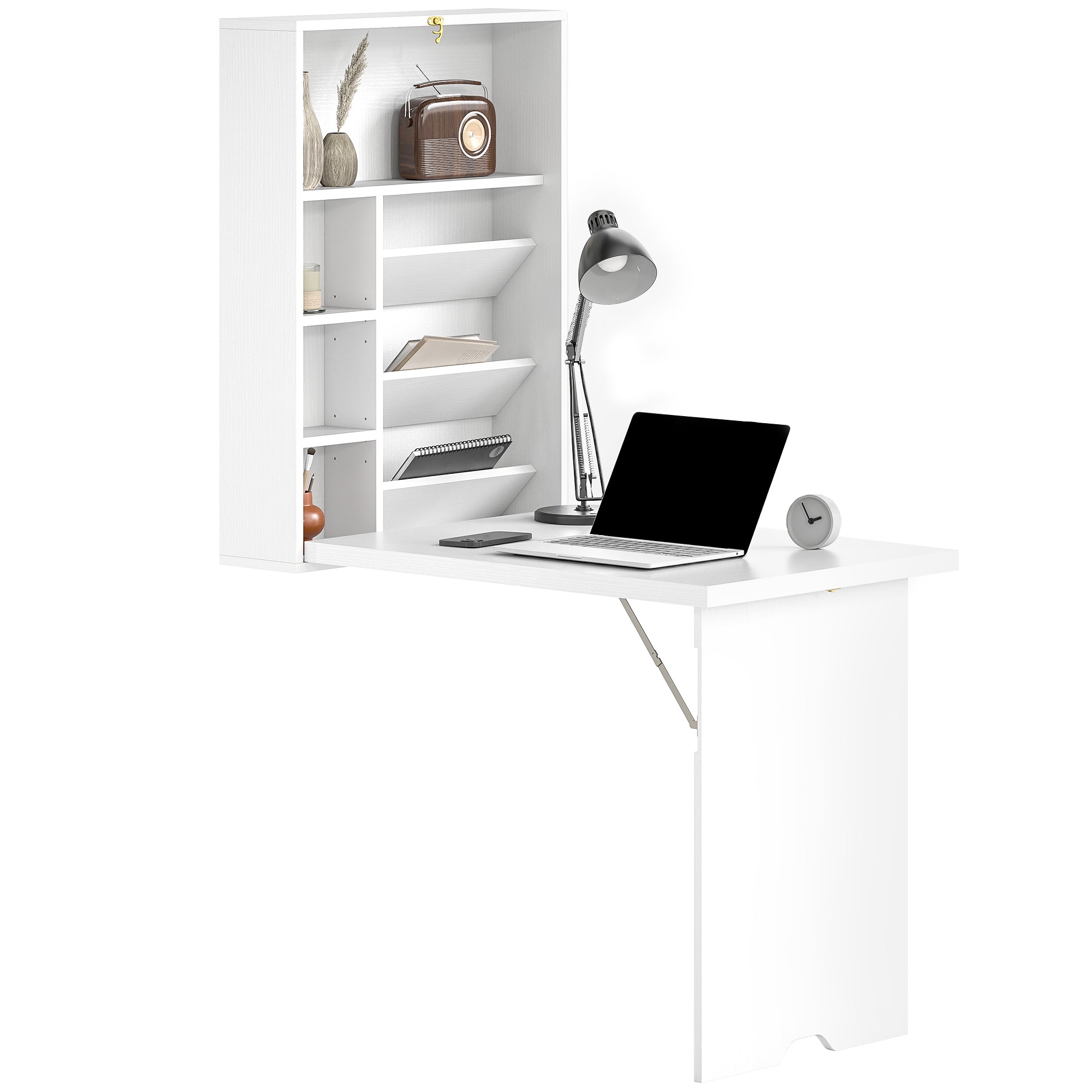 Bureau pliable mural avec étagères de rangement, bureau rabattable, table murale pliante, gain de place idéal pour salon, salle à manger, petit espace, blanc