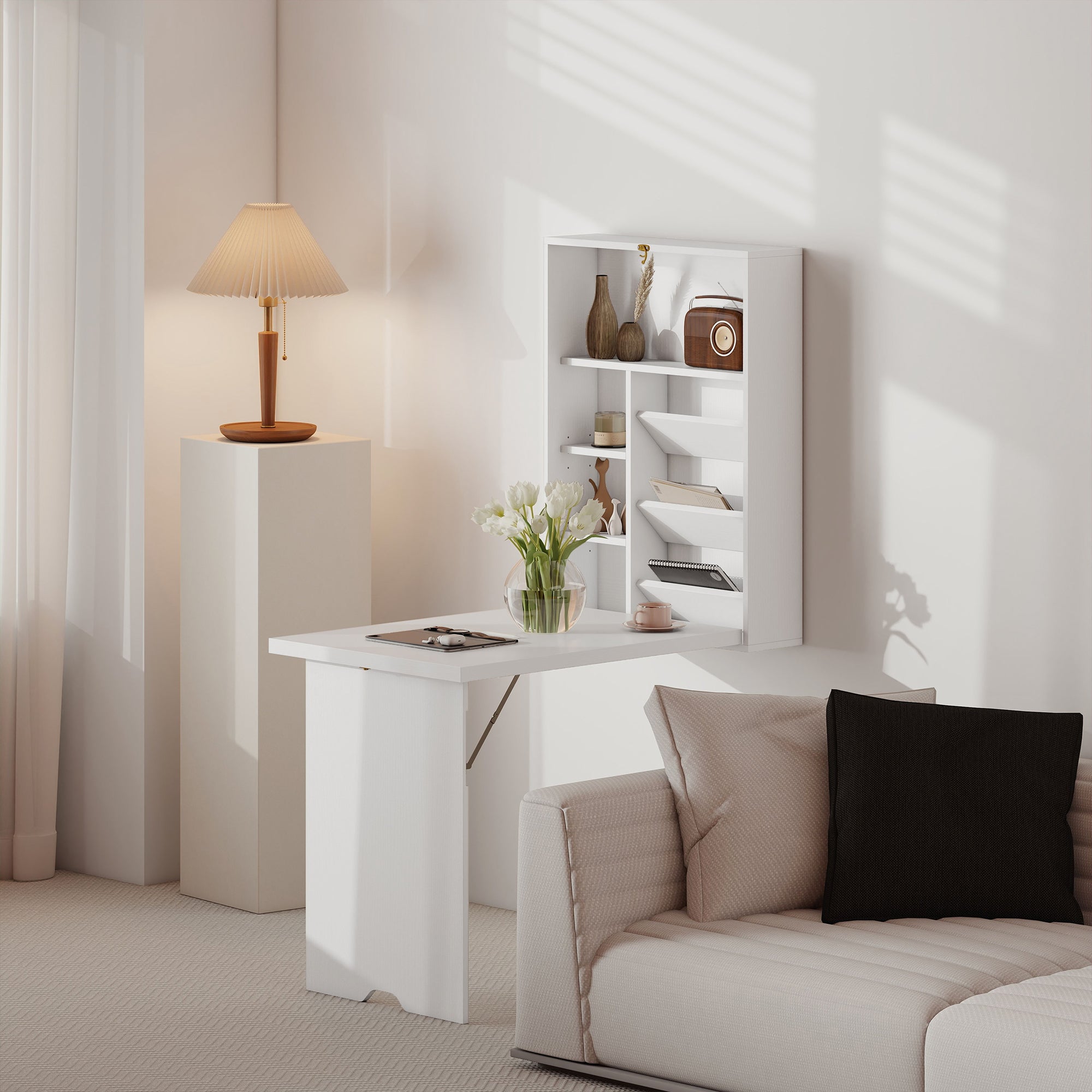 Bureau pliable mural avec étagères de rangement, bureau rabattable, table murale pliante, gain de place idéal pour salon, salle à manger, petit espace, blanc