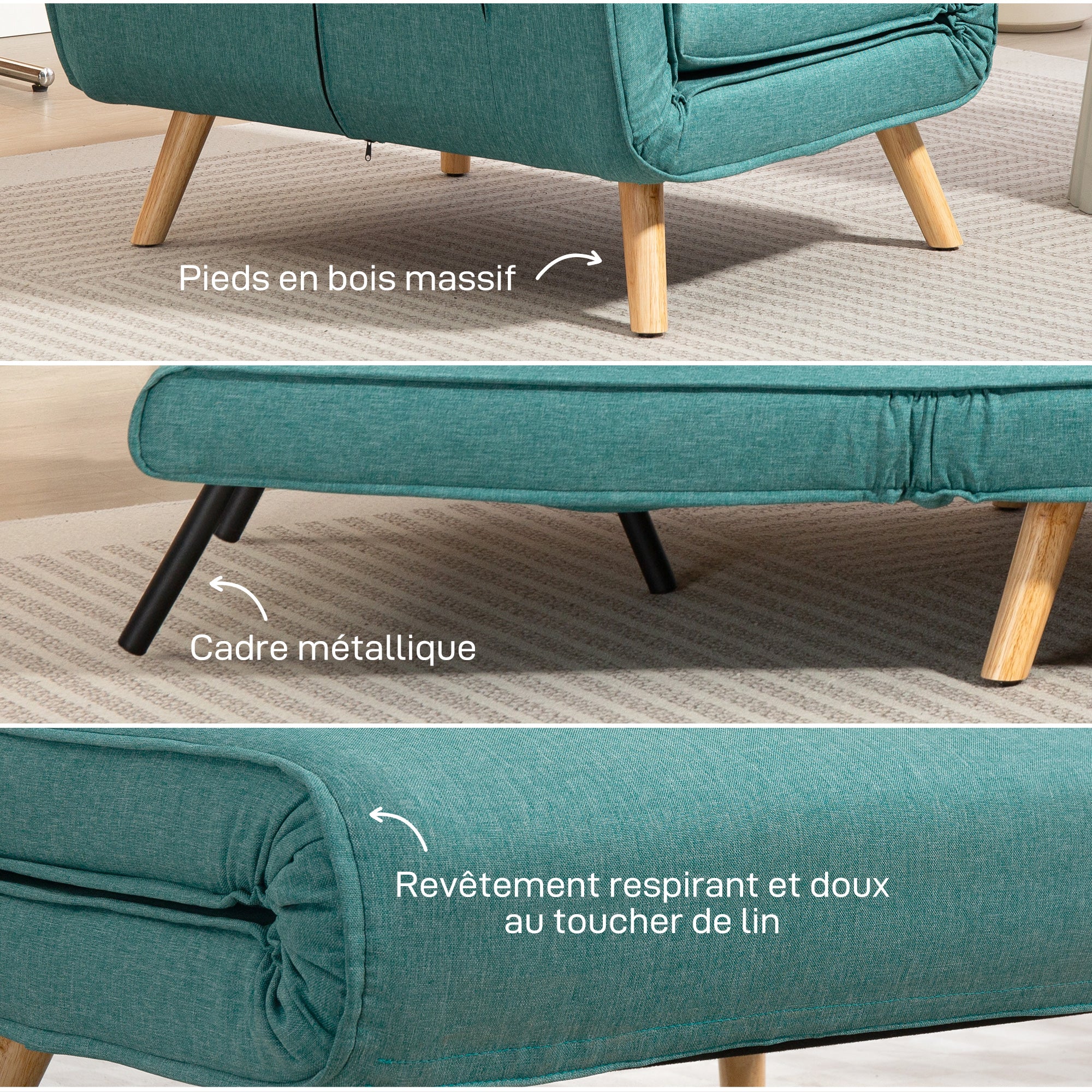 Fauteuil convertible 1 place 3 en 1, chauffeuse et fauteuil lit avec dossier réglable en 5 positions, oreiller inclus, canapé-lit clic-clac pour invités, salon, bureau, vert