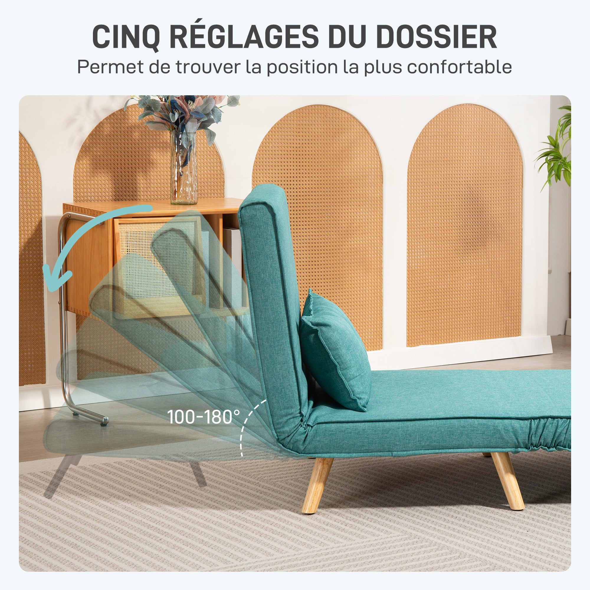 Fauteuil convertible 1 place 3 en 1, chauffeuse et fauteuil lit avec dossier réglable en 5 positions, oreiller inclus, canapé-lit clic-clac pour invités, salon, bureau, vert