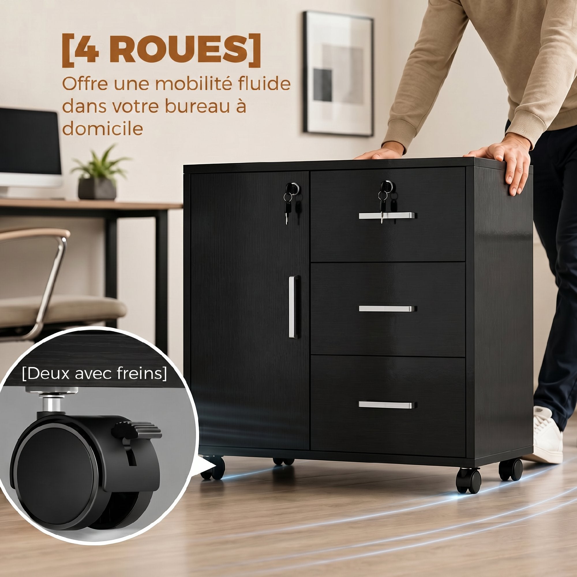Caisson bureau meuble de rangement avec 3 tiroirs et étagère réglable, armoire rangement bureau verrouillable avec roulettes, dim. 40 x 60 x 56 cm, noir