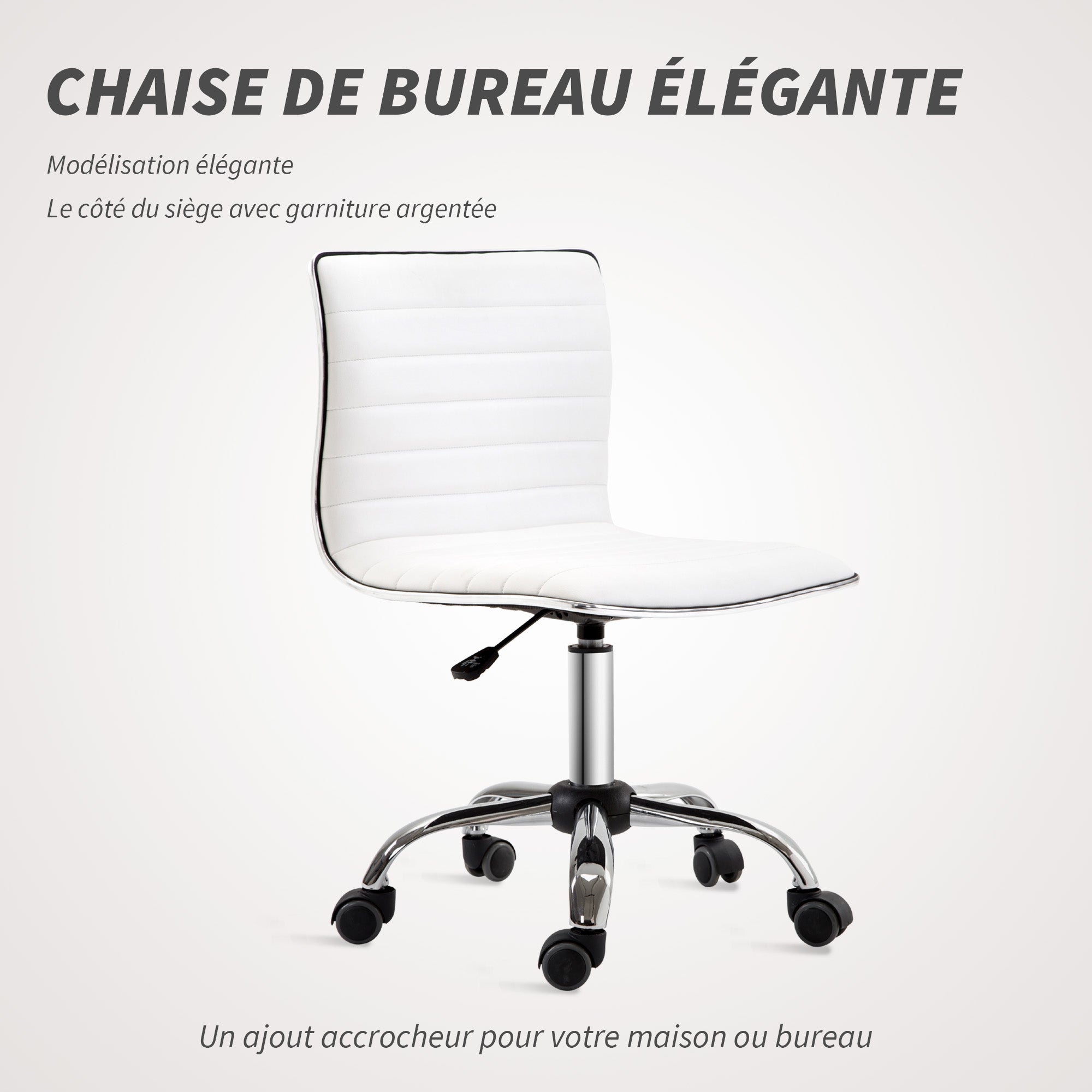 Chaise de bureau sans accoudoirs, fauteuil de bureau ergonomique, hauteur réglable, assise et dossier rembourrés et pivotant 360°, chaise d'ordinateur en similicuir pour bureau, chambre, blanc