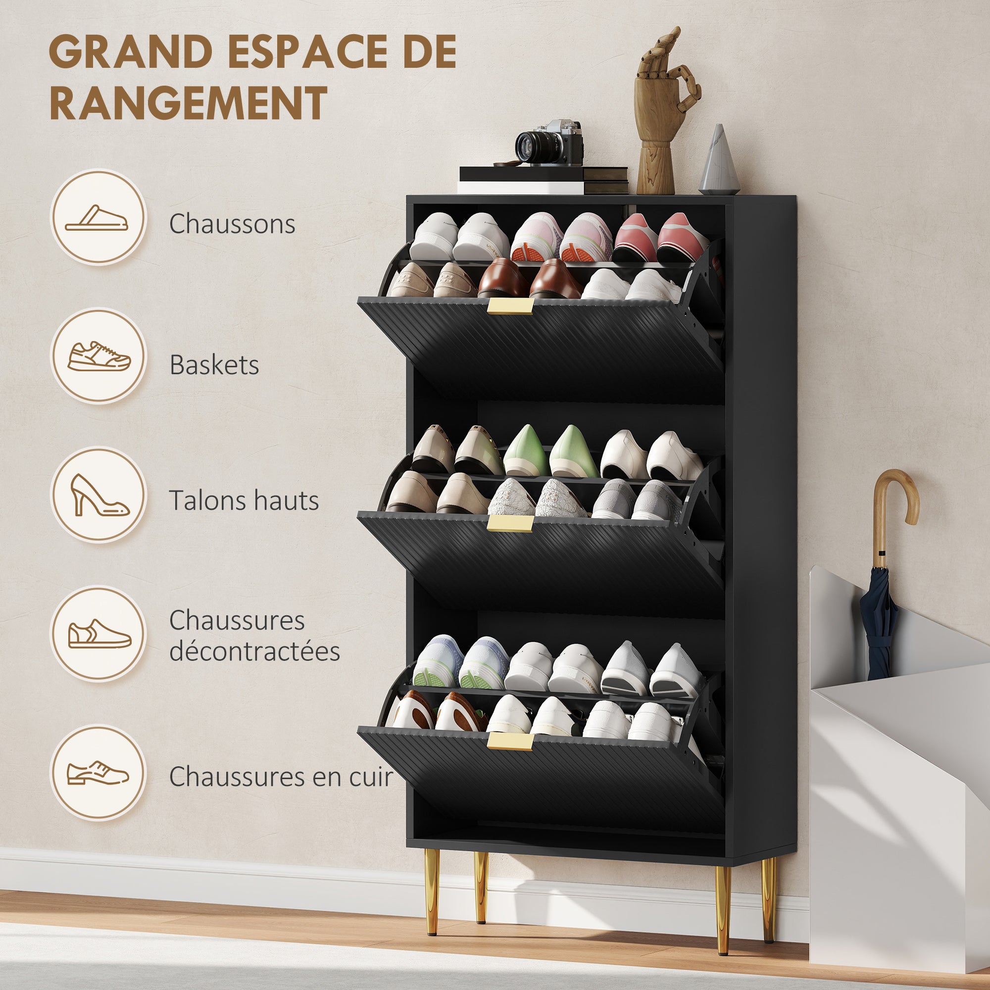 Meuble à chaussures 18 paires, armoire à chaussures étroite moderne avec 3 tiroirs rabattables, portes cannelées et étagères réglables, pour couloir et entrée, 60 x 24 x 122,5 cm, noir