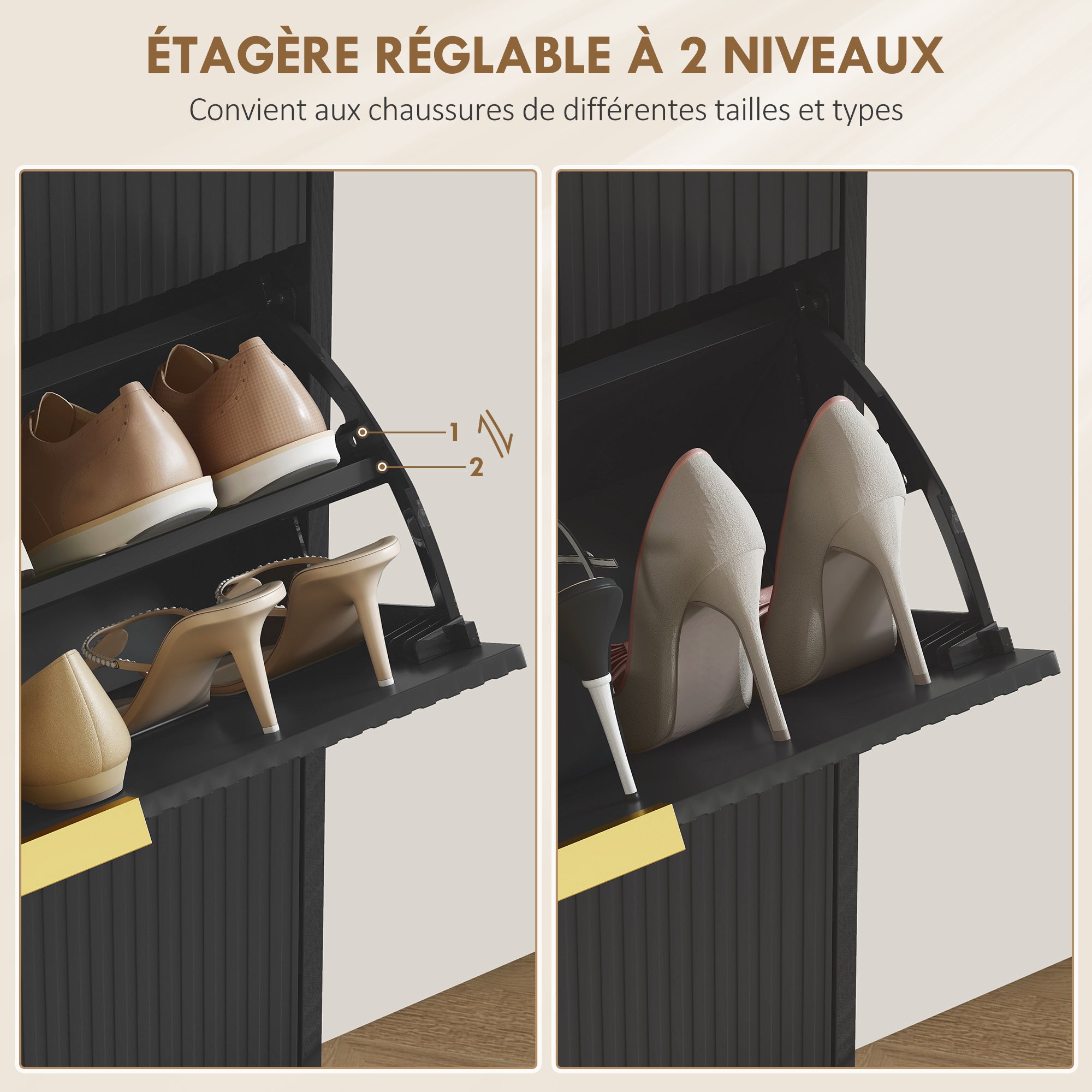 Meuble à chaussures 18 paires, armoire à chaussures étroite moderne avec 3 tiroirs rabattables, portes cannelées et étagères réglables, pour couloir et entrée, 60 x 24 x 122,5 cm, noir