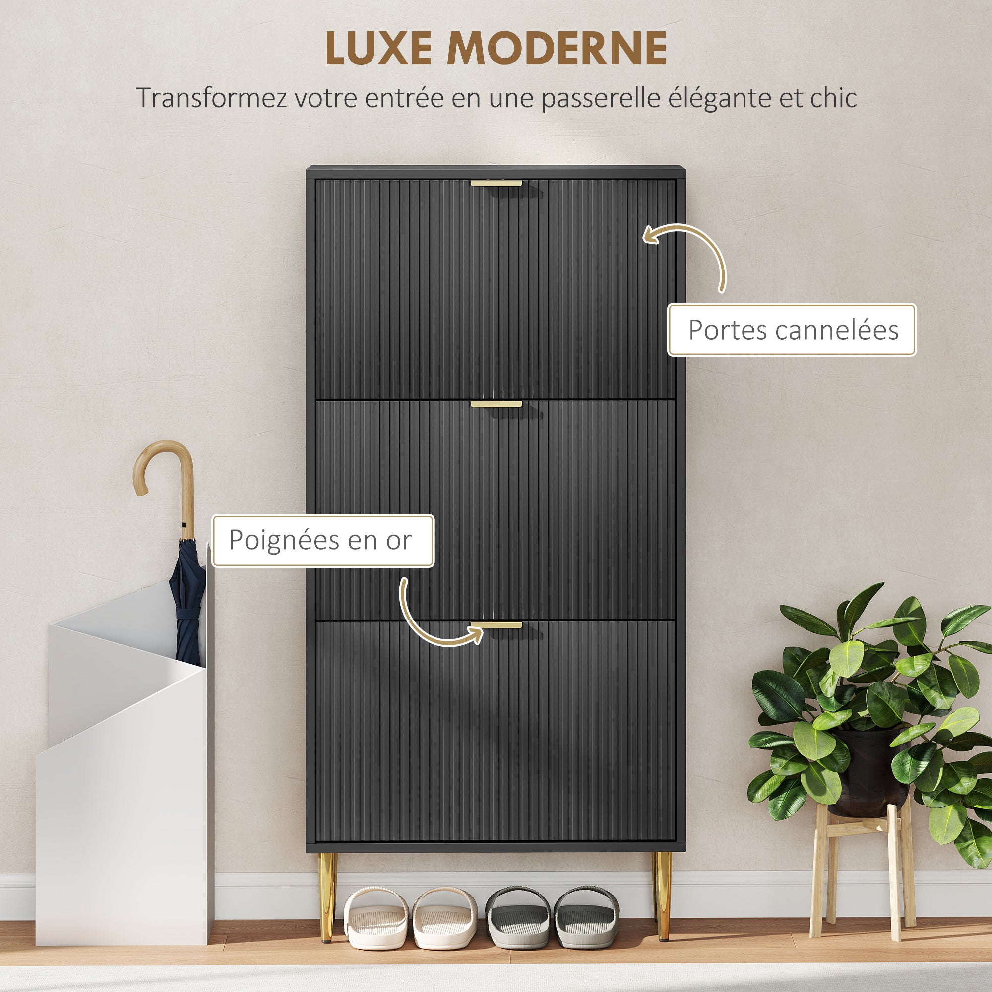 Meuble à chaussures 18 paires, armoire à chaussures étroite moderne avec 3 tiroirs rabattables, portes cannelées et étagères réglables, pour couloir et entrée, 60 x 24 x 122,5 cm, noir
