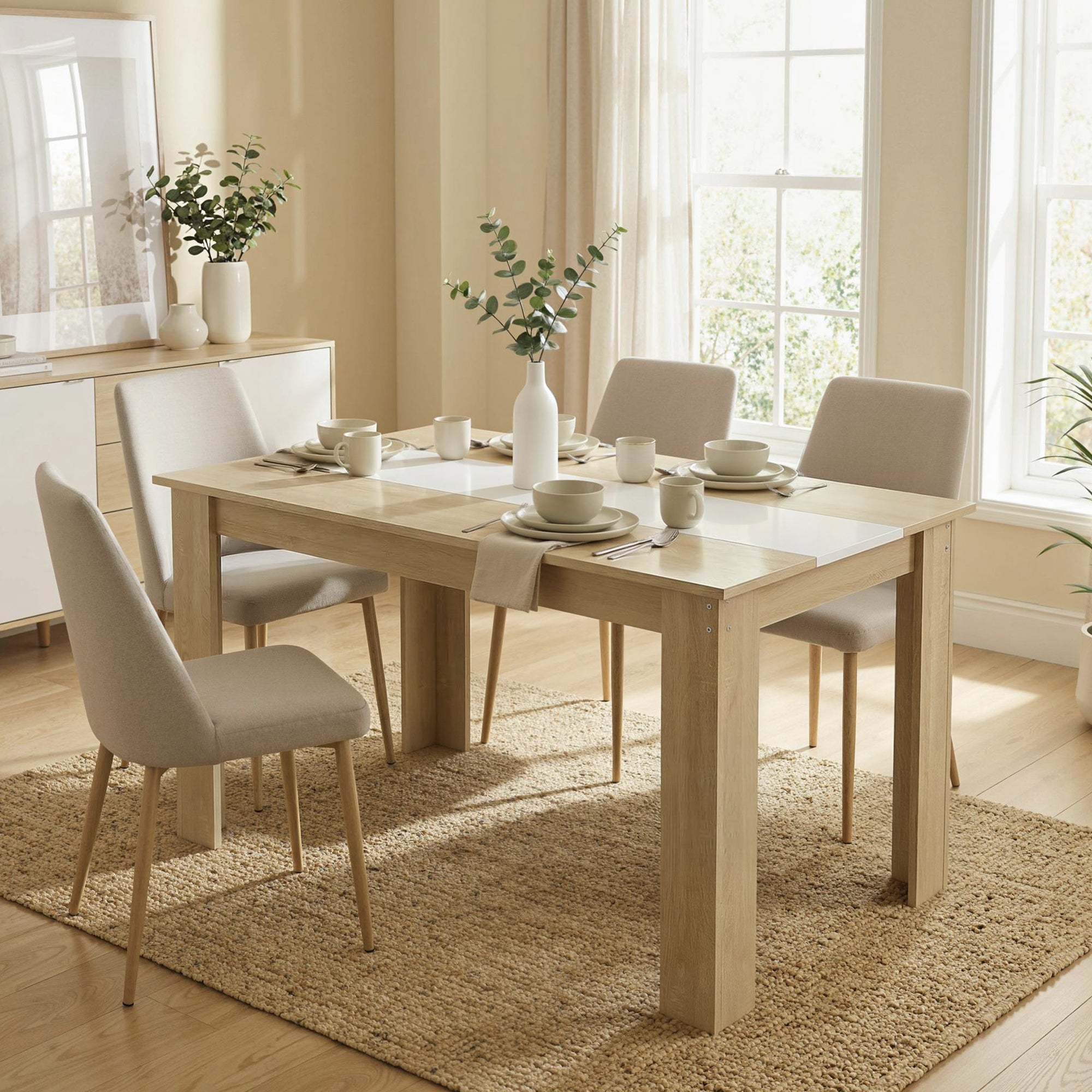 Table à manger rectangulaire pour 4 à 6 personnes, table de cuisine, 120 x 69 x 75 cm, style moderne, pieds triangulaires plus stable, chêne et blanc