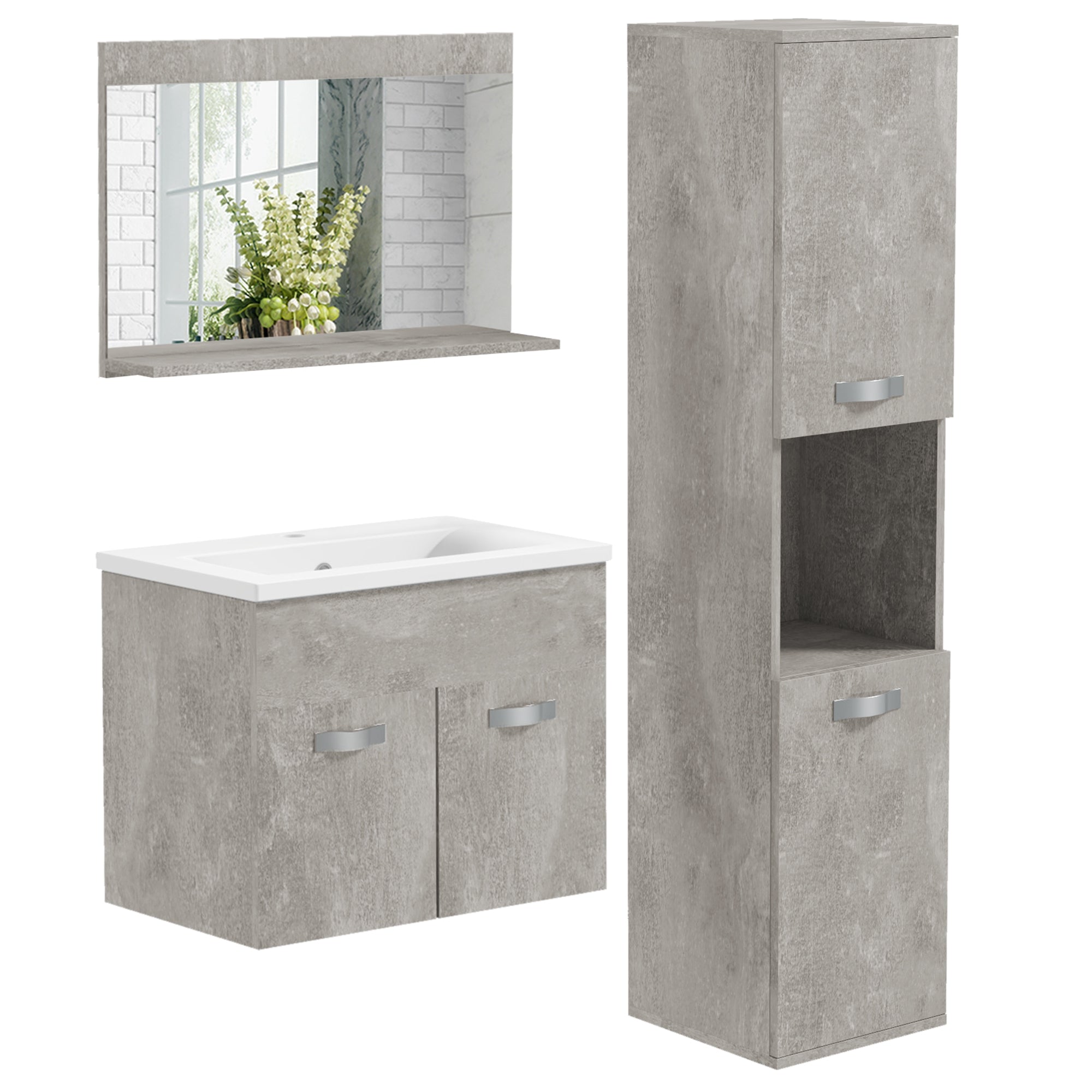 Ensemble de meubles de salle de bain 3 pièces meubles de toilette avec miroir étagère + meuble vasque + meuble colonne suspendus, gris