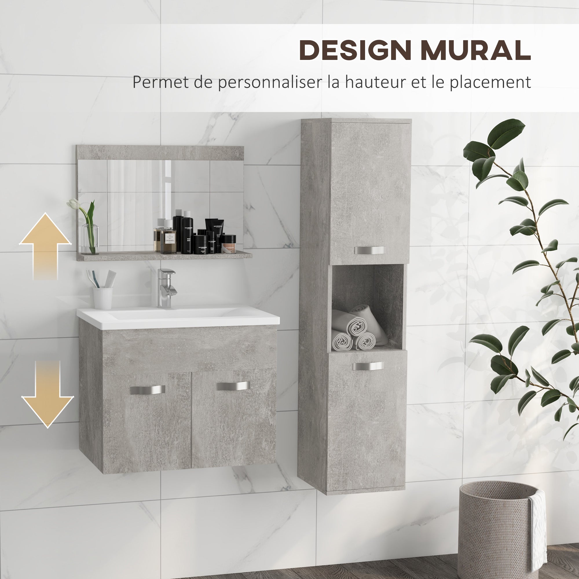 Ensemble de meubles de salle de bain 3 pièces meubles de toilette avec miroir étagère + meuble vasque + meuble colonne suspendus, gris