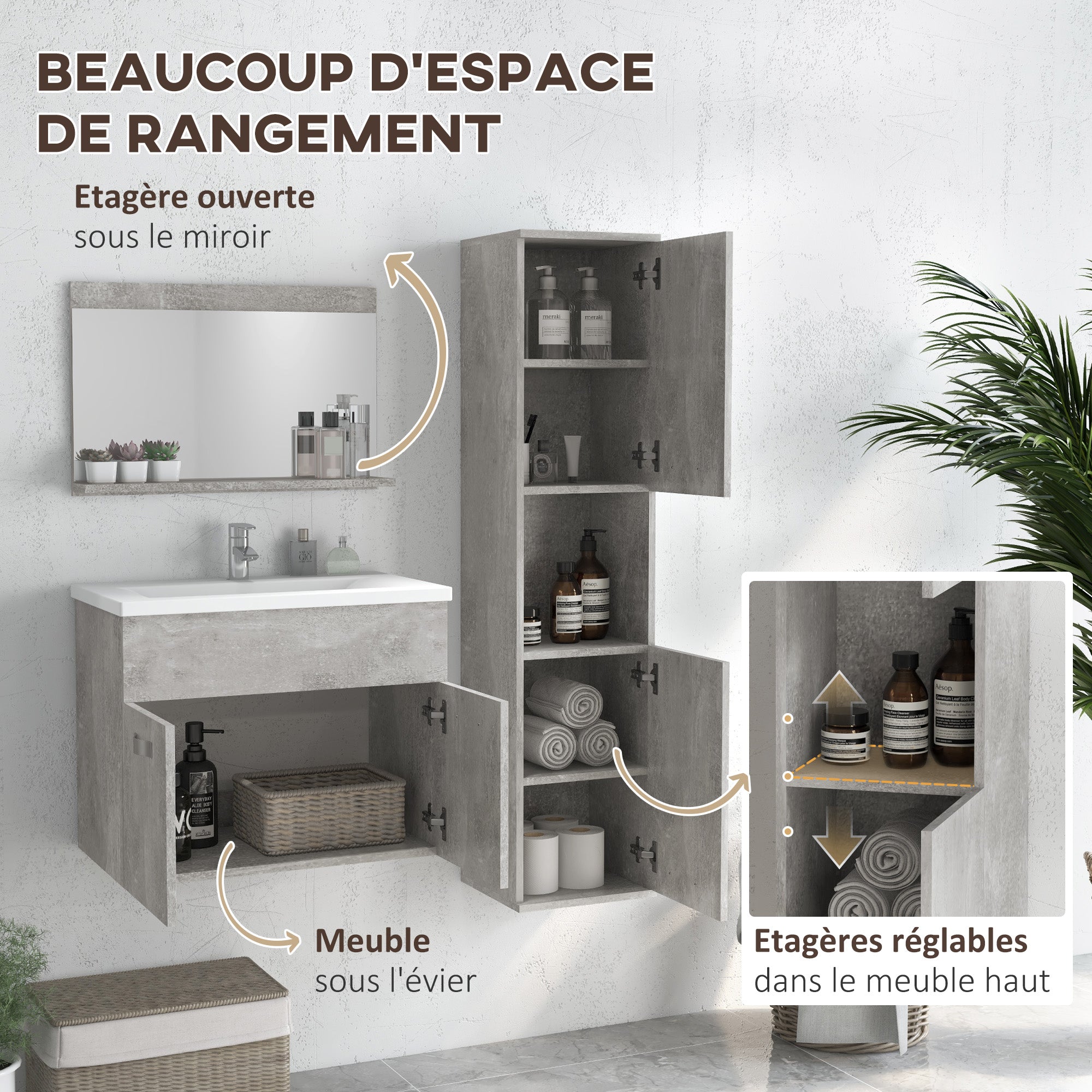 Ensemble de meubles de salle de bain 3 pièces meubles de toilette avec miroir étagère + meuble vasque + meuble colonne suspendus, gris