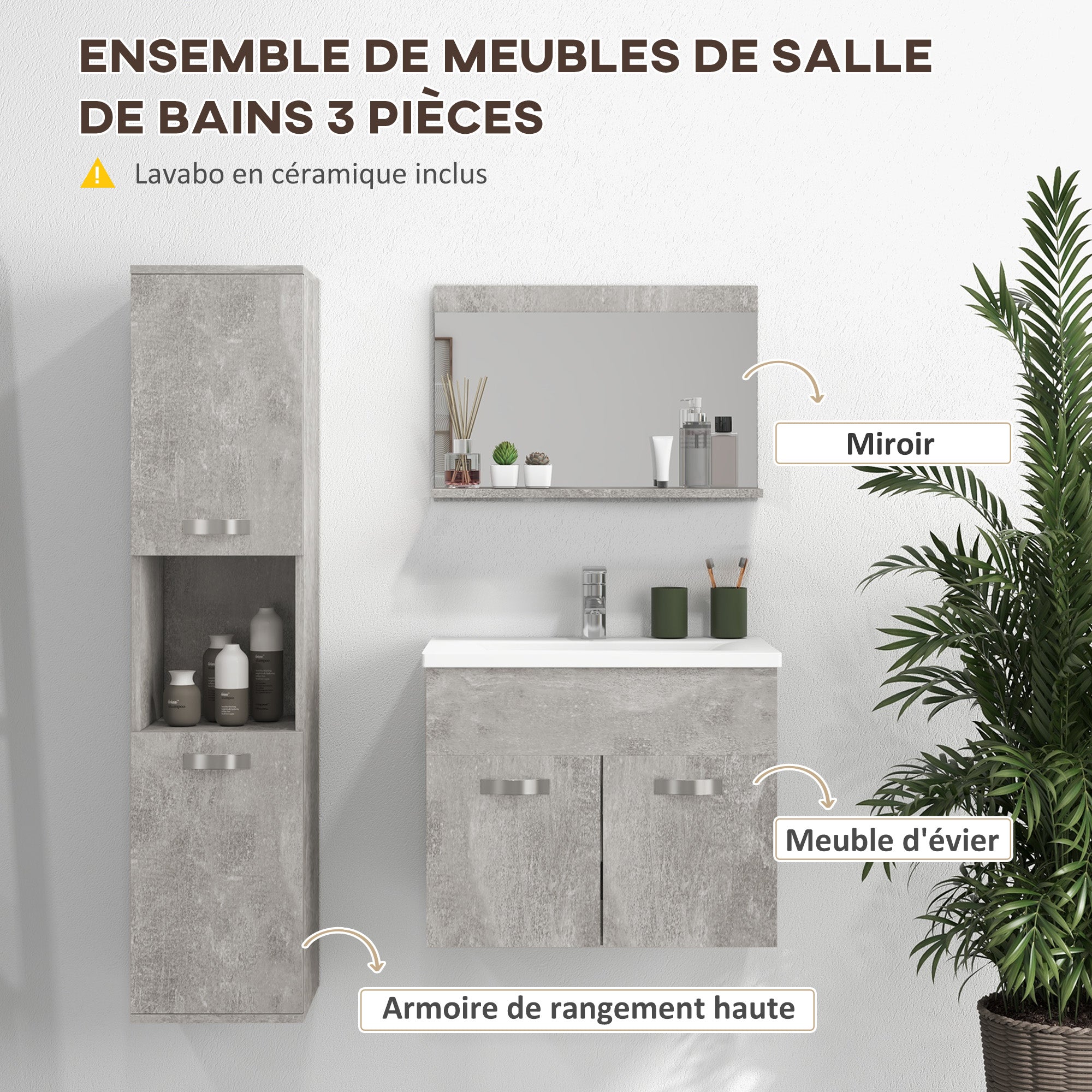 Ensemble de meubles de salle de bain 3 pièces meubles de toilette avec miroir étagère + meuble vasque + meuble colonne suspendus, gris