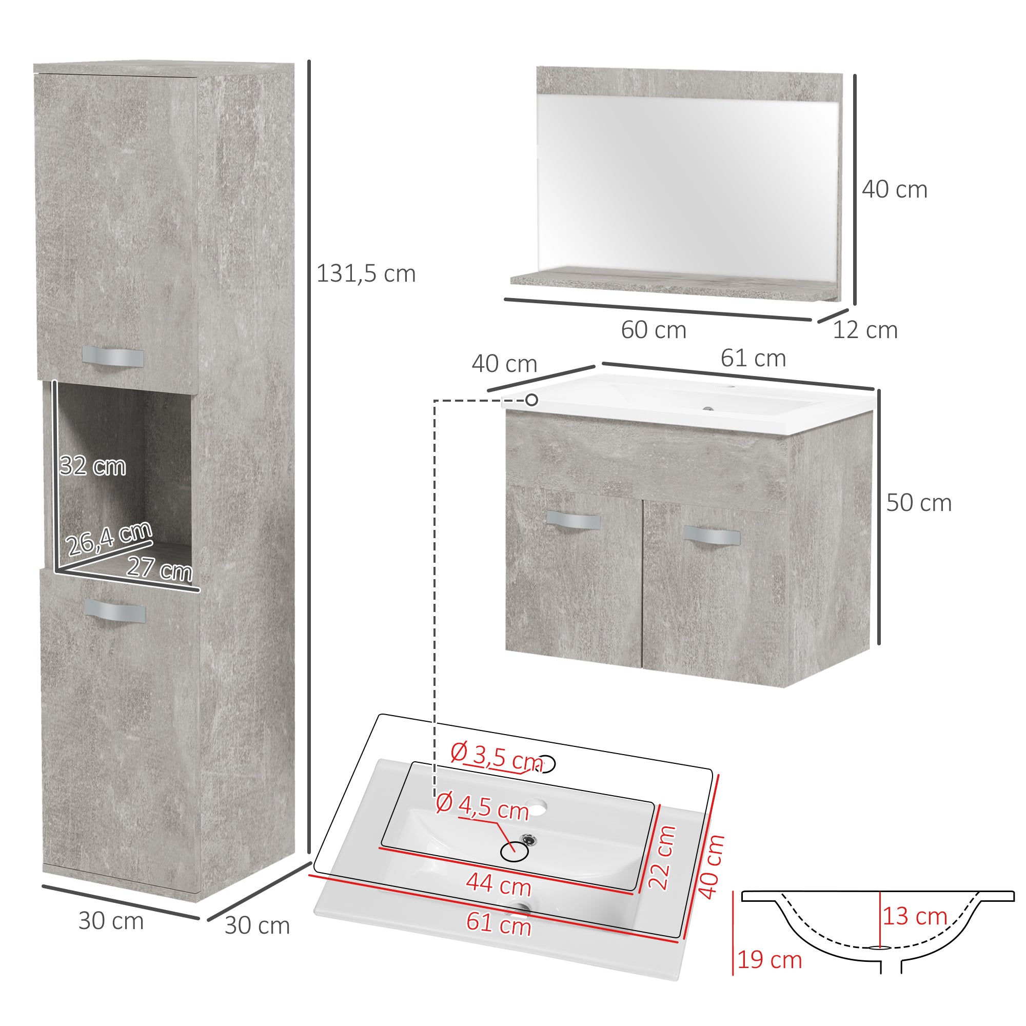 Ensemble de meubles de salle de bain 3 pièces meubles de toilette avec miroir étagère + meuble vasque + meuble colonne suspendus, gris