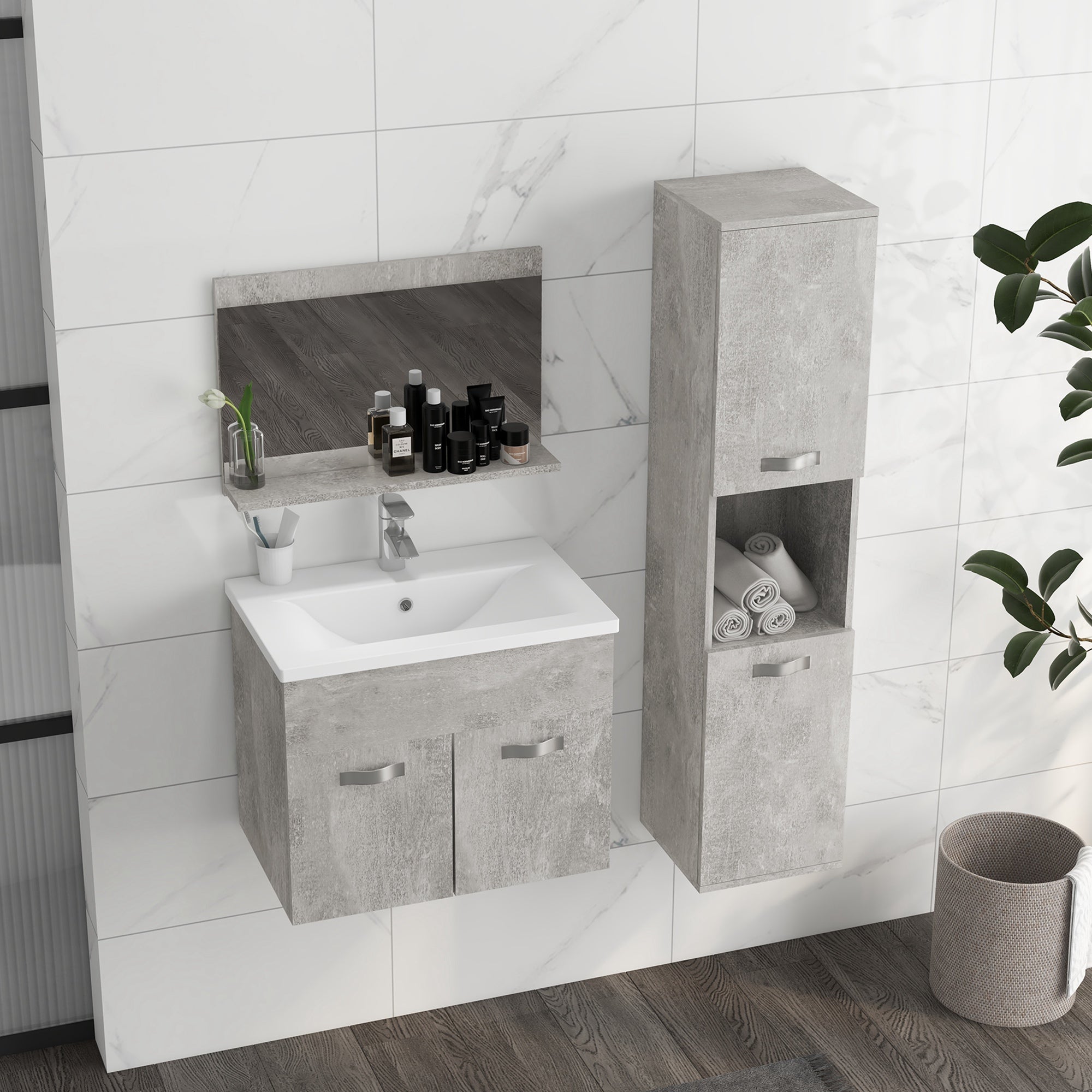 Ensemble de meubles de salle de bain 3 pièces meubles de toilette avec miroir étagère + meuble vasque + meuble colonne suspendus, gris
