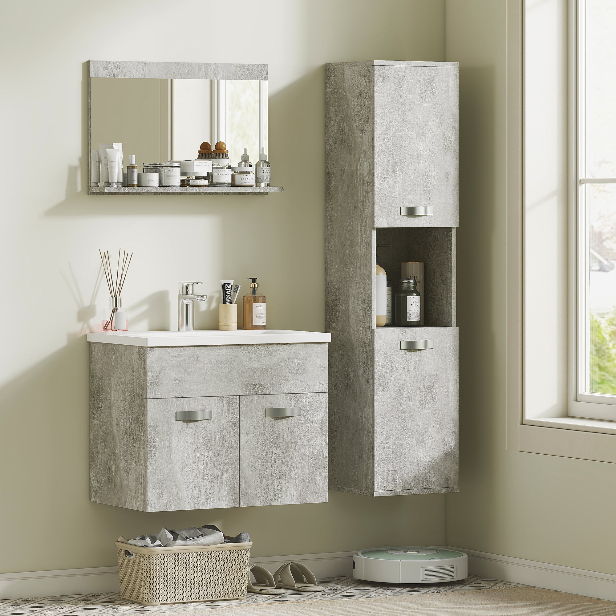 Ensemble de meubles de salle de bain 3 pièces meubles de toilette avec miroir étagère + meuble vasque + meuble colonne suspendus, gris