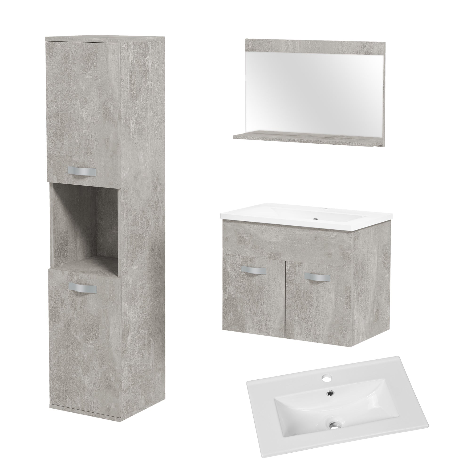 Ensemble de meubles de salle de bain 3 pièces meubles de toilette avec miroir étagère + meuble vasque + meuble colonne suspendus, gris