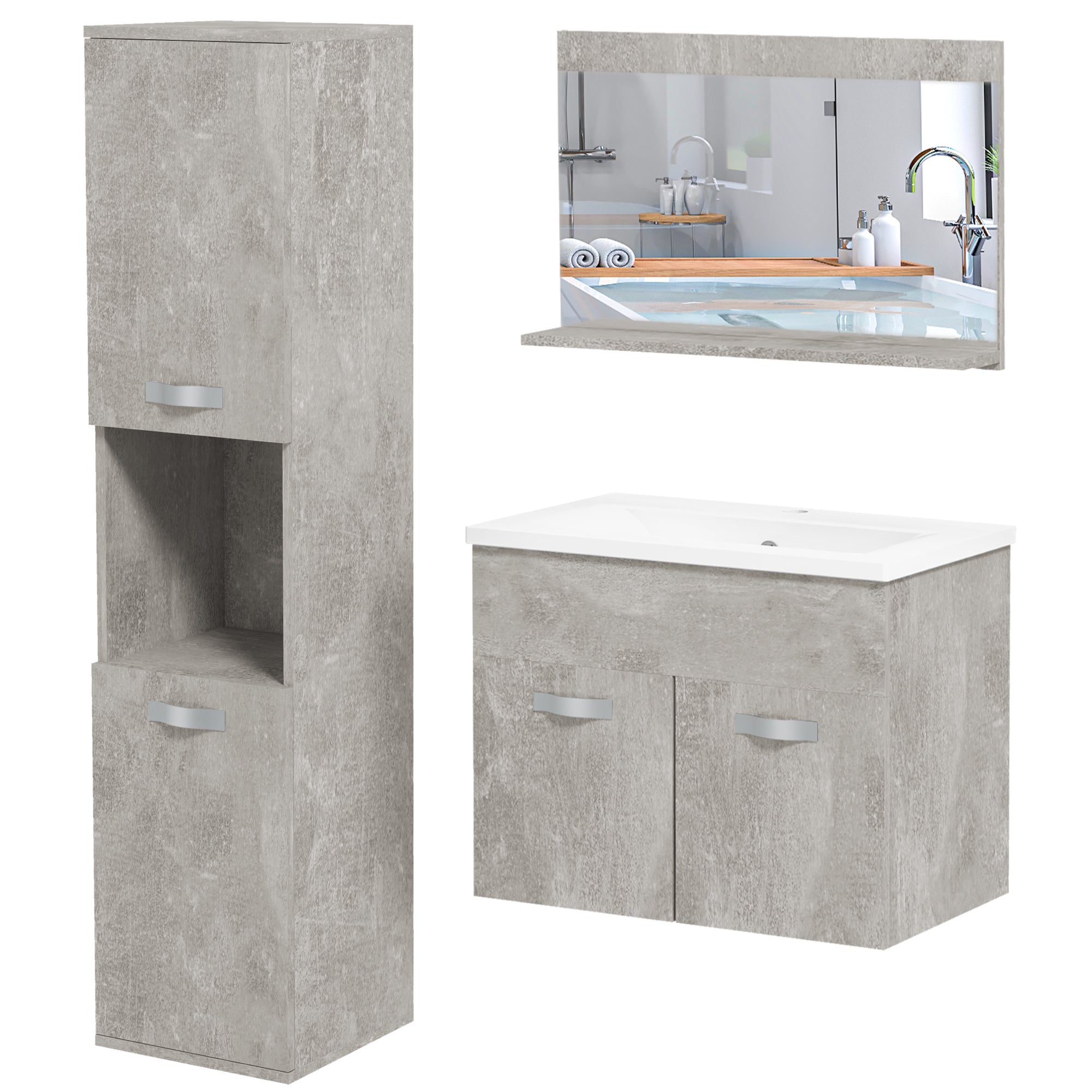 Ensemble de meubles de salle de bain 3 pièces meubles de toilette avec miroir étagère + meuble vasque + meuble colonne suspendus, gris