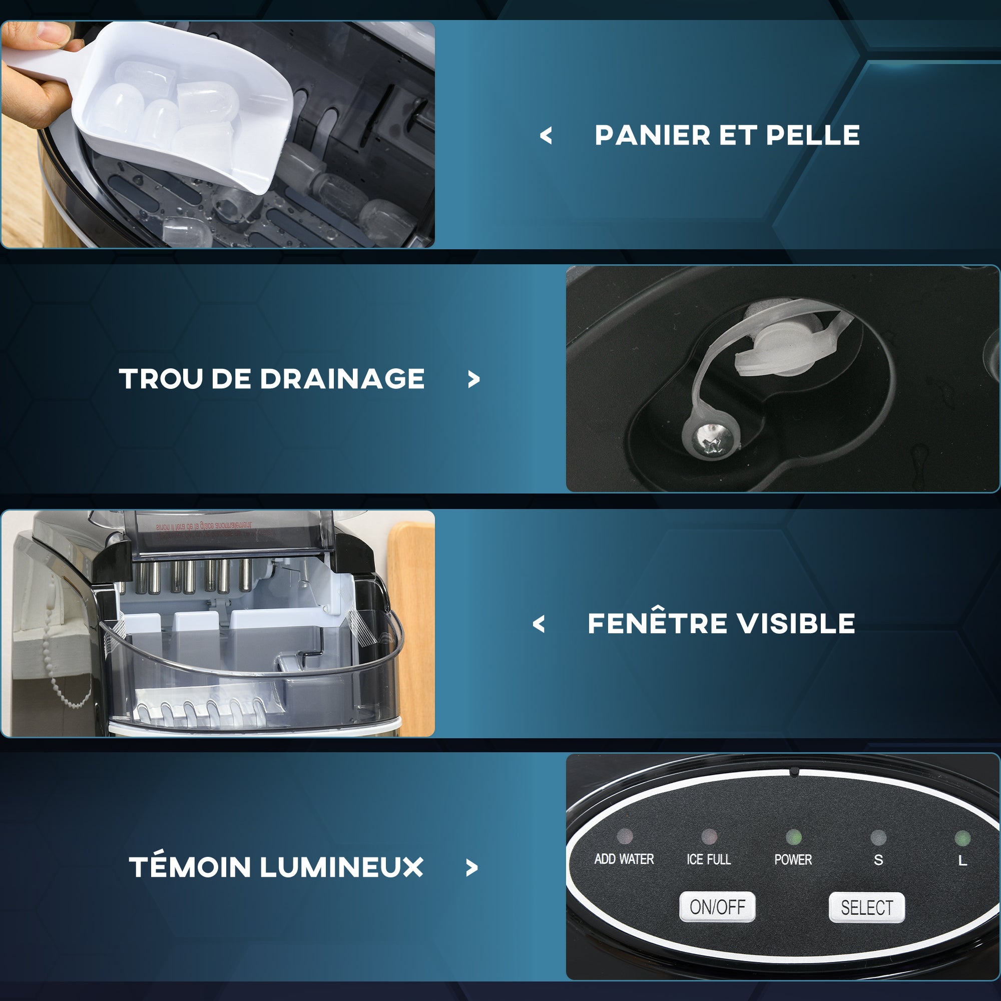 Machine à glaçons 12kg en 24h, Machine Glacon autonettoyant, capacité réservoir 1,8 L, Affichage LED, pelle et panier inclus, en acier Inox pour Maison, Cuisine, Bar