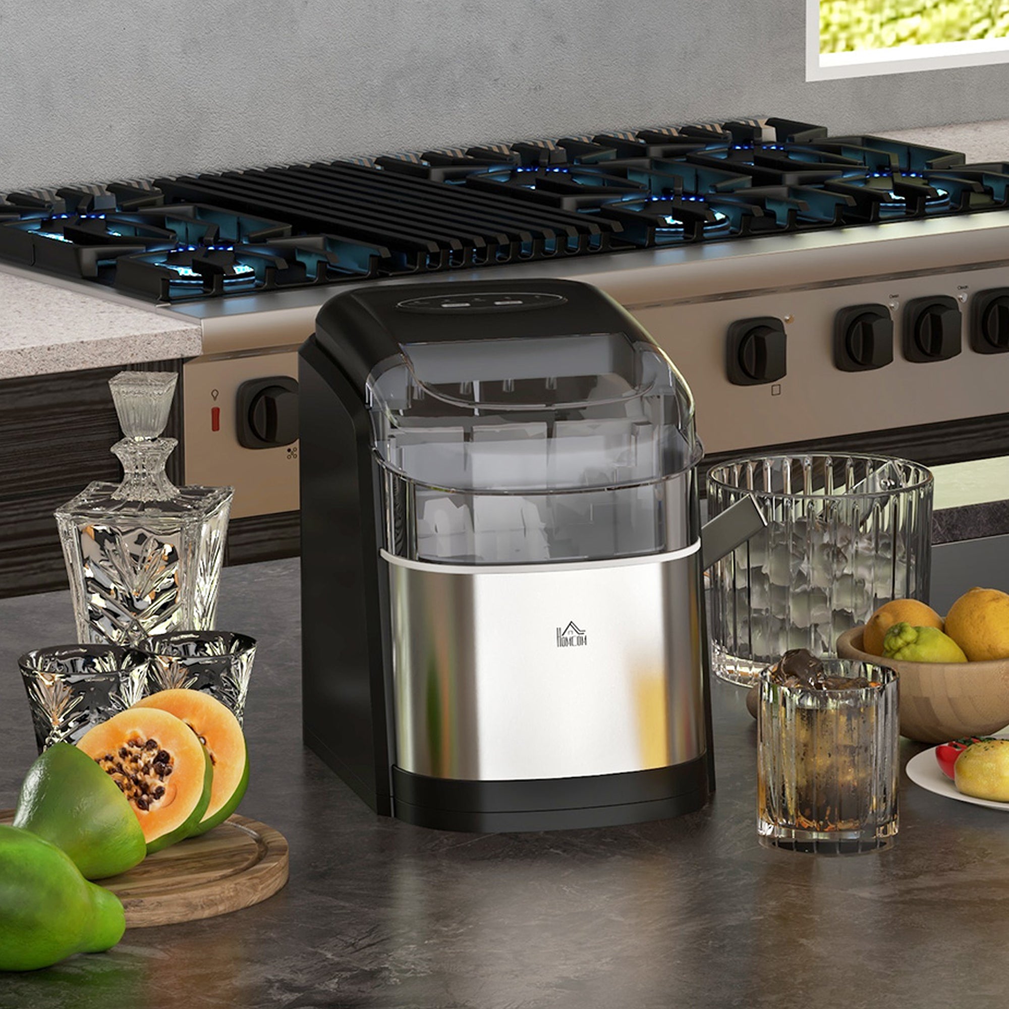 Machine à glaçons 12kg en 24h, Machine Glacon autonettoyant, capacité réservoir 1,8 L, Affichage LED, pelle et panier inclus, en acier Inox pour Maison, Cuisine, Bar