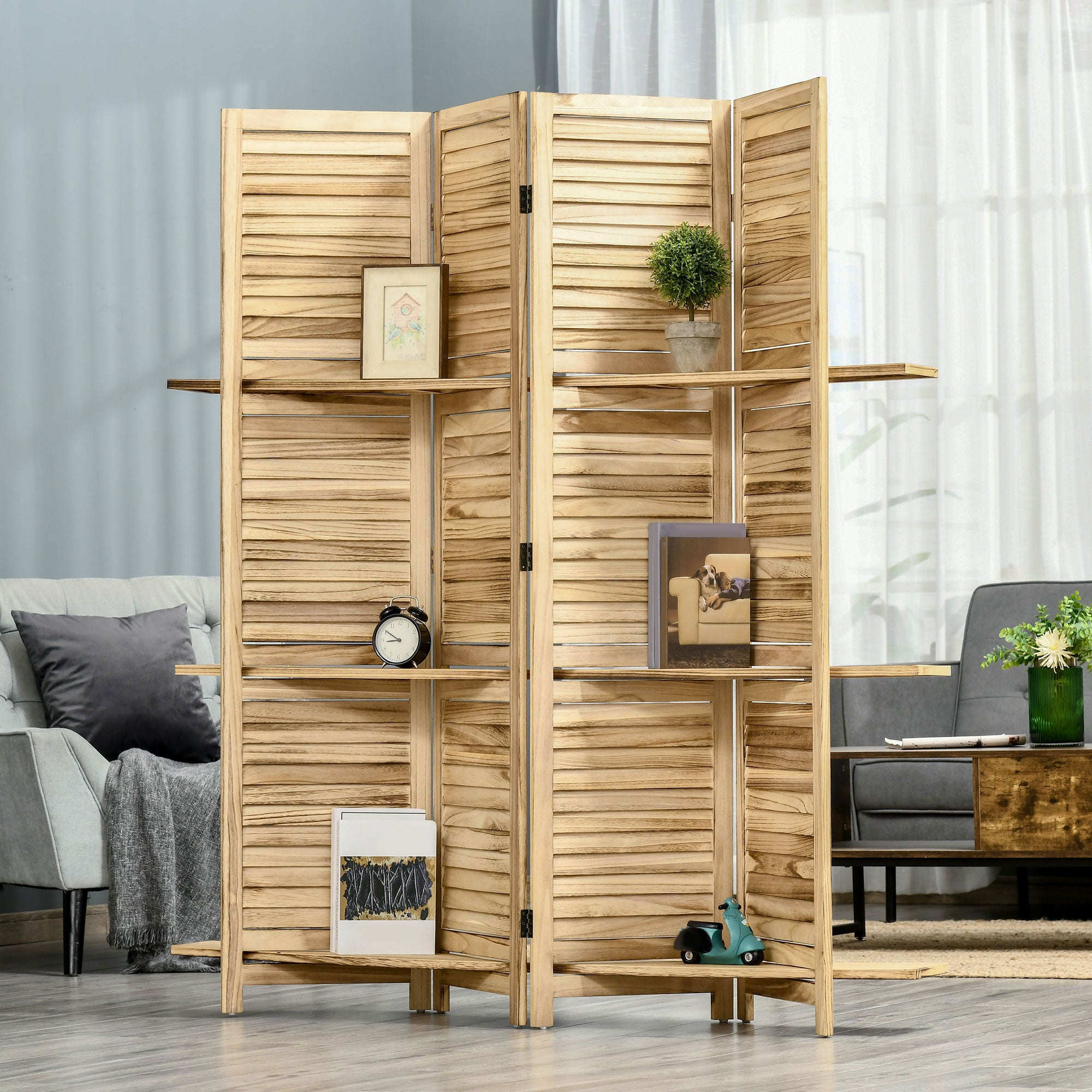 Paravent intérieur 4 Panneaux 162L x 170H cm 3 étagères Pliables séparateur de pièce Portes persiennes Bois de Paulownia Naturel