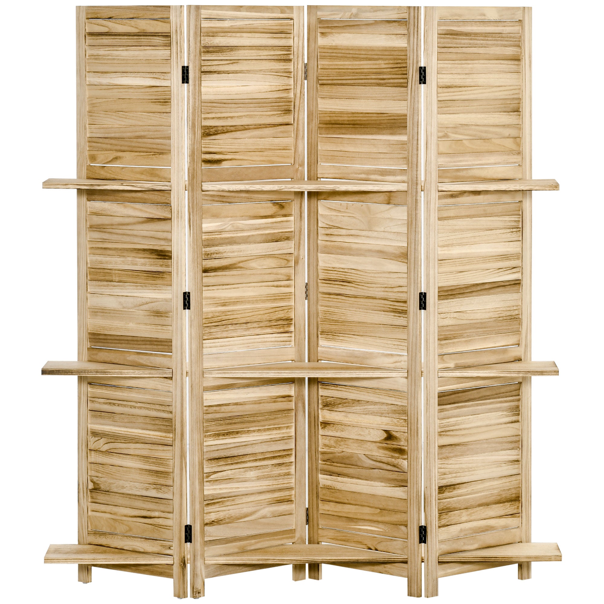 Paravent intérieur 4 Panneaux 162L x 170H cm 3 étagères Pliables séparateur de pièce Portes persiennes Bois de Paulownia Naturel