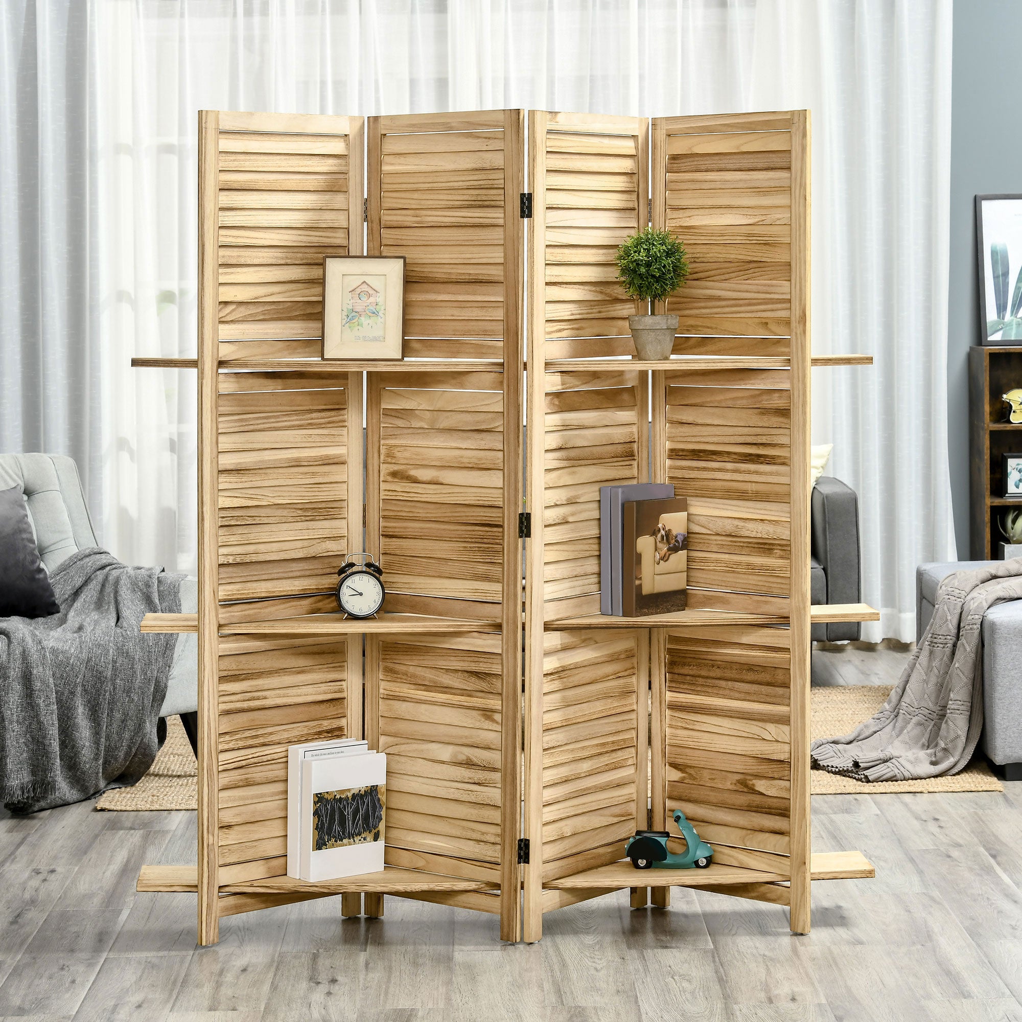 Paravent intérieur 4 Panneaux 162L x 170H cm 3 étagères Pliables séparateur de pièce Portes persiennes Bois de Paulownia Naturel