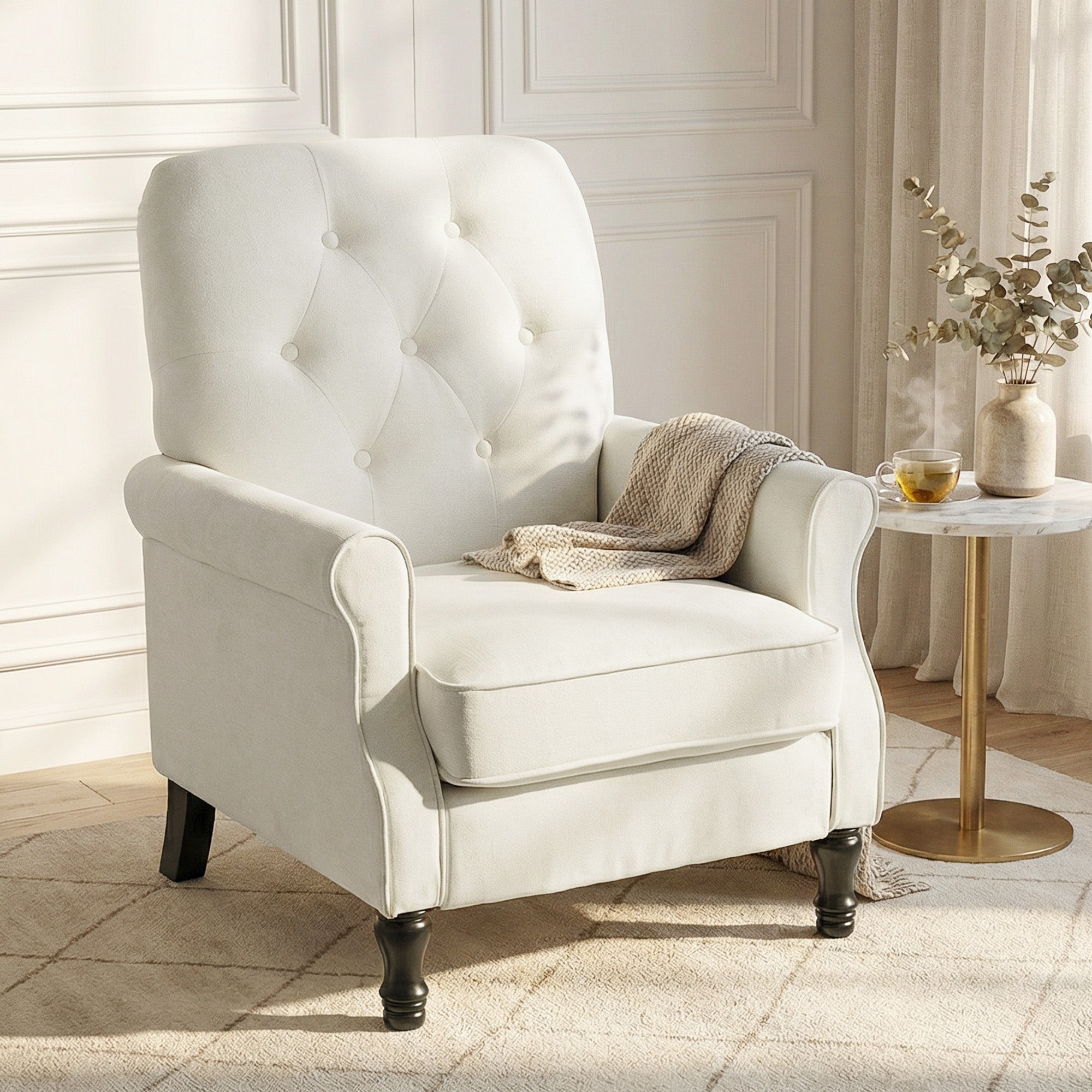 Fauteuil de salon, canapé 1 place avec assise rembourrée épaisse, coussin à ressorts, pieds en bois, style moderne médiéval, tissu en lin, pour chambre, salon, appartement, crème