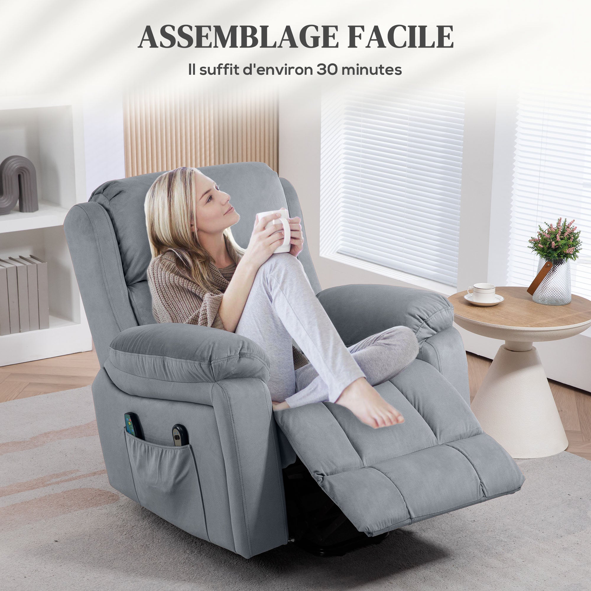 Fauteuil relax électrique, fauteuil électrique releveur, massage et chaleur, inclinaison réglable, assise large, revêtement synthétique, fauteuil relaxant avec repose-pied, télécommandes, gris