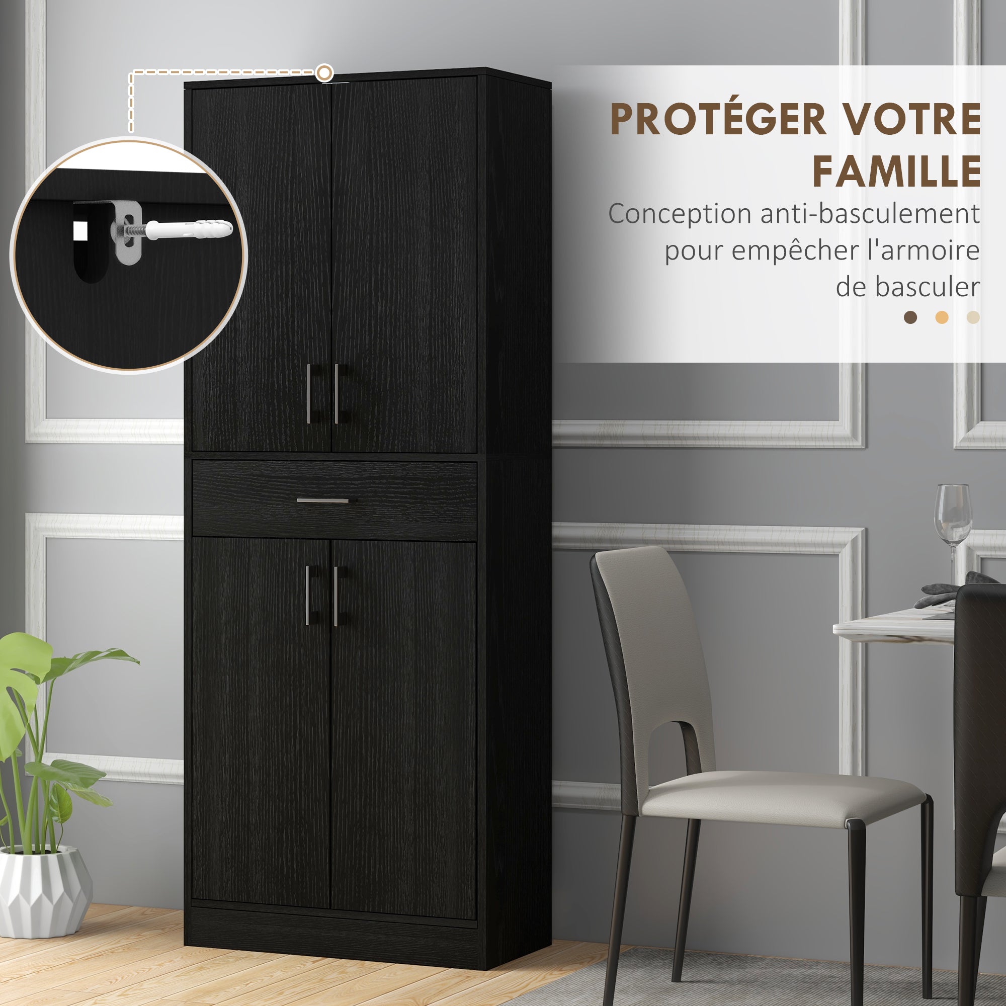 Buffet de cuisine armoire de cuisine buffet haut 2 étagères réglables 4 portes 2 placards et 1 tiroir central hauteur 180 cm noir