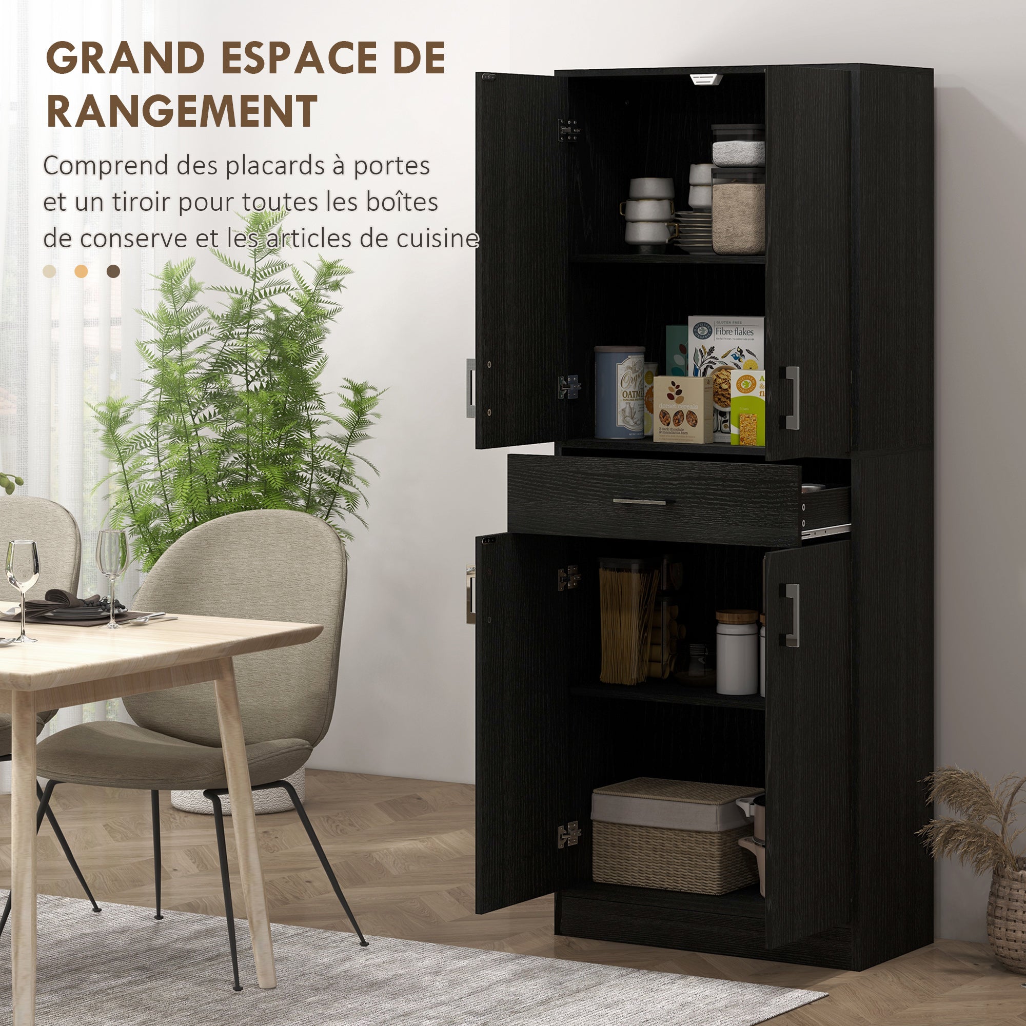 Buffet de cuisine armoire de cuisine buffet haut 2 étagères réglables 4 portes 2 placards et 1 tiroir central hauteur 180 cm noir