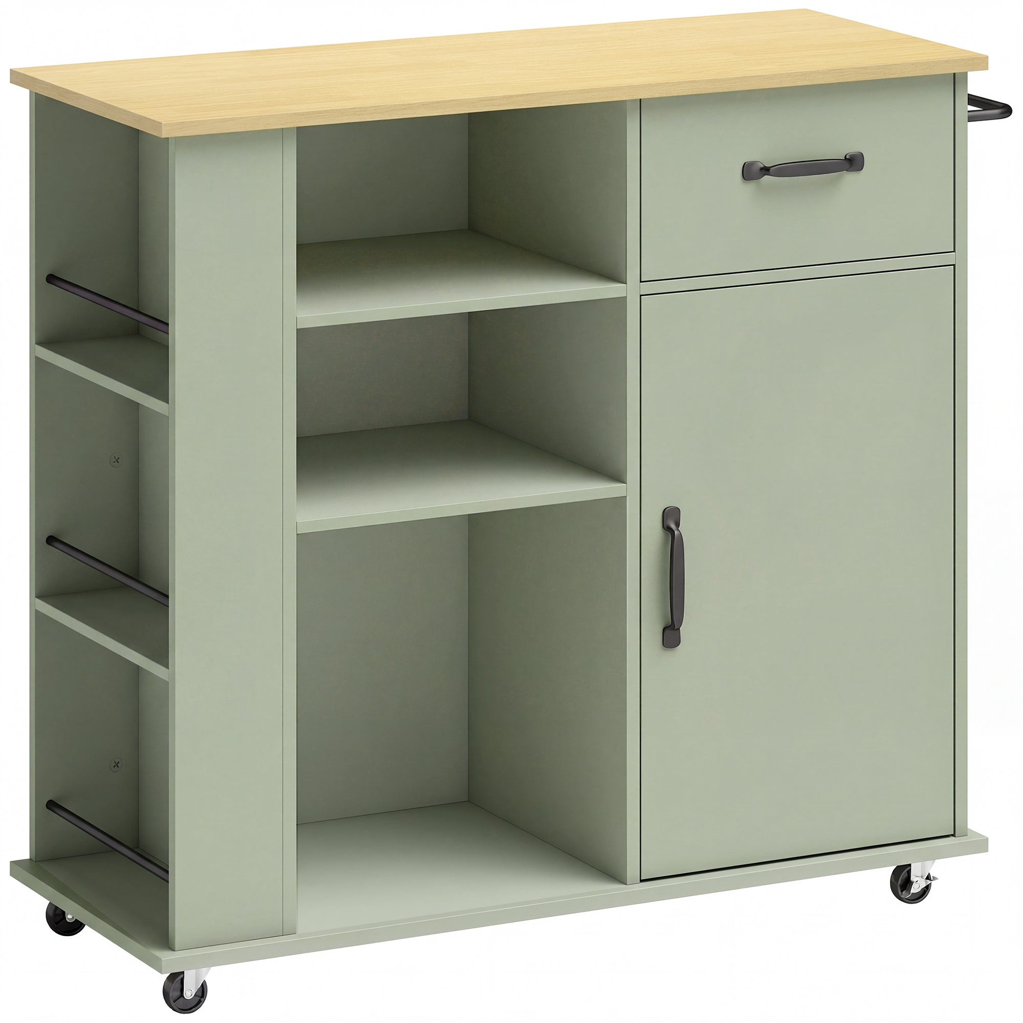 Desserte de cuisine à roulettes, îlot central cuisine avec tiroir, porte, compartiments ouverts, étagère réglable et porte-épices, chariot de rangement pour salle à manger, 96,5x38x87cm, vert