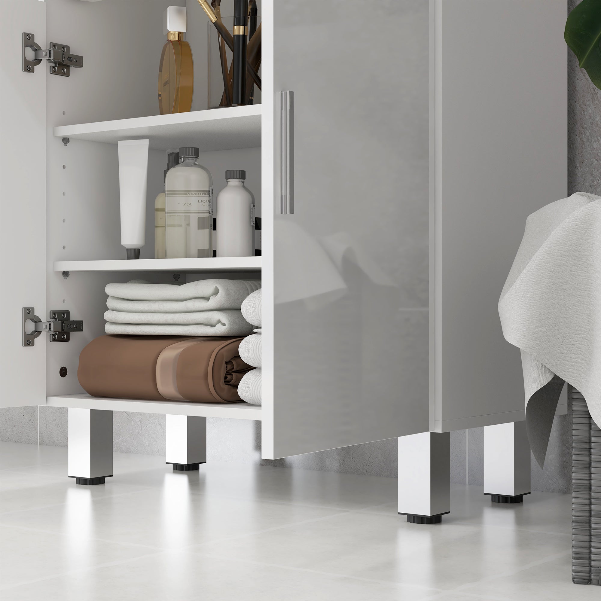 Meuble de salle de bain, meuble de rangement avec 2 tiroirs, placard à double porte, étagères réglables et base surélevée, armoire salle de bain, salon, chambre, 60x30x93cm, blanc brillant