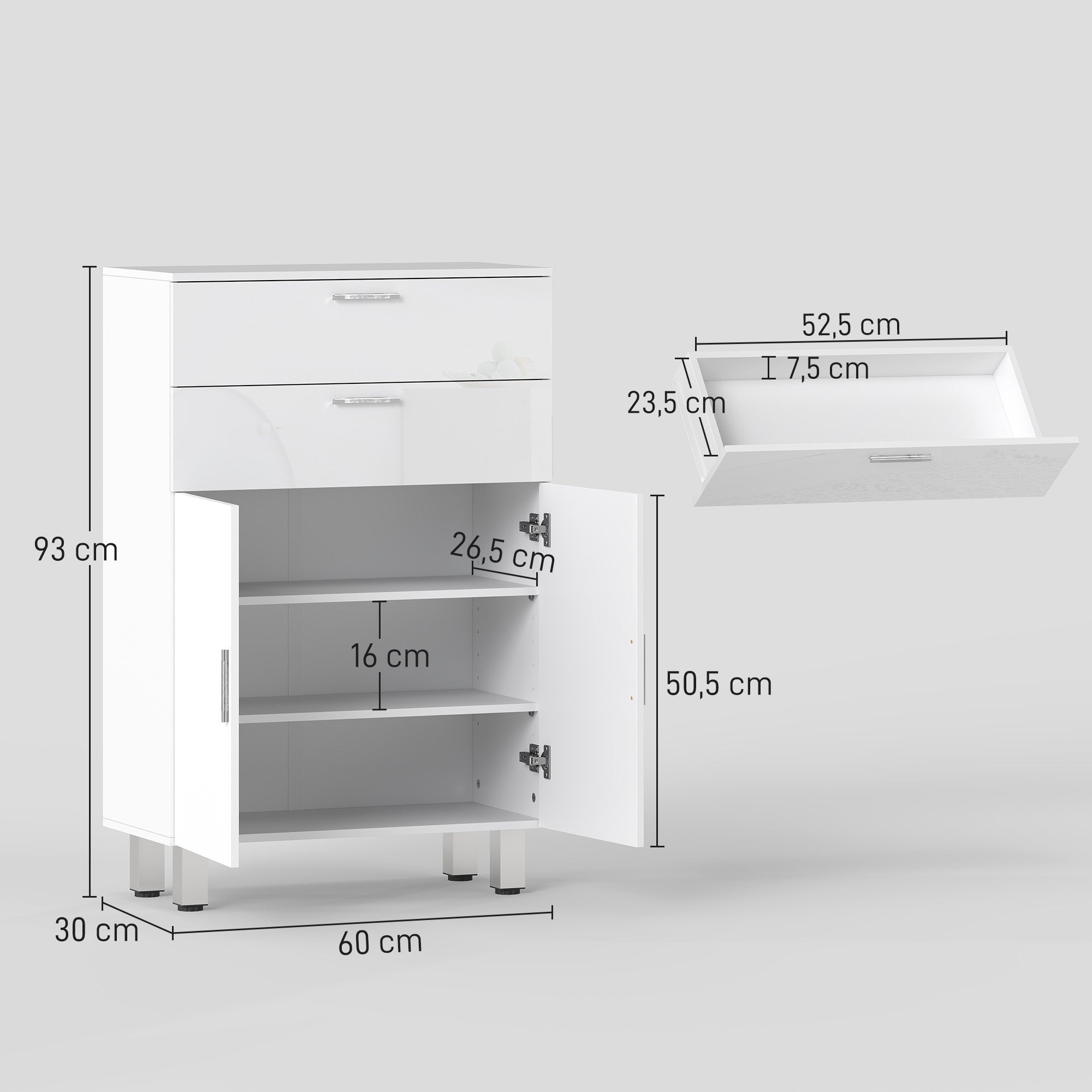 Meuble de salle de bain, meuble de rangement avec 2 tiroirs, placard à double porte, étagères réglables et base surélevée, armoire salle de bain, salon, chambre, 60x30x93cm, blanc brillant