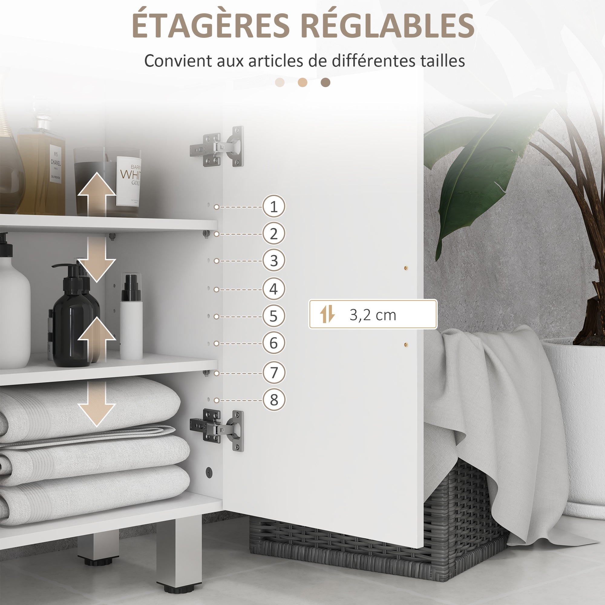 Meuble de salle de bain, meuble de rangement avec 2 tiroirs, placard à double porte, étagères réglables et base surélevée, armoire salle de bain, salon, chambre, 60x30x93cm, blanc brillant