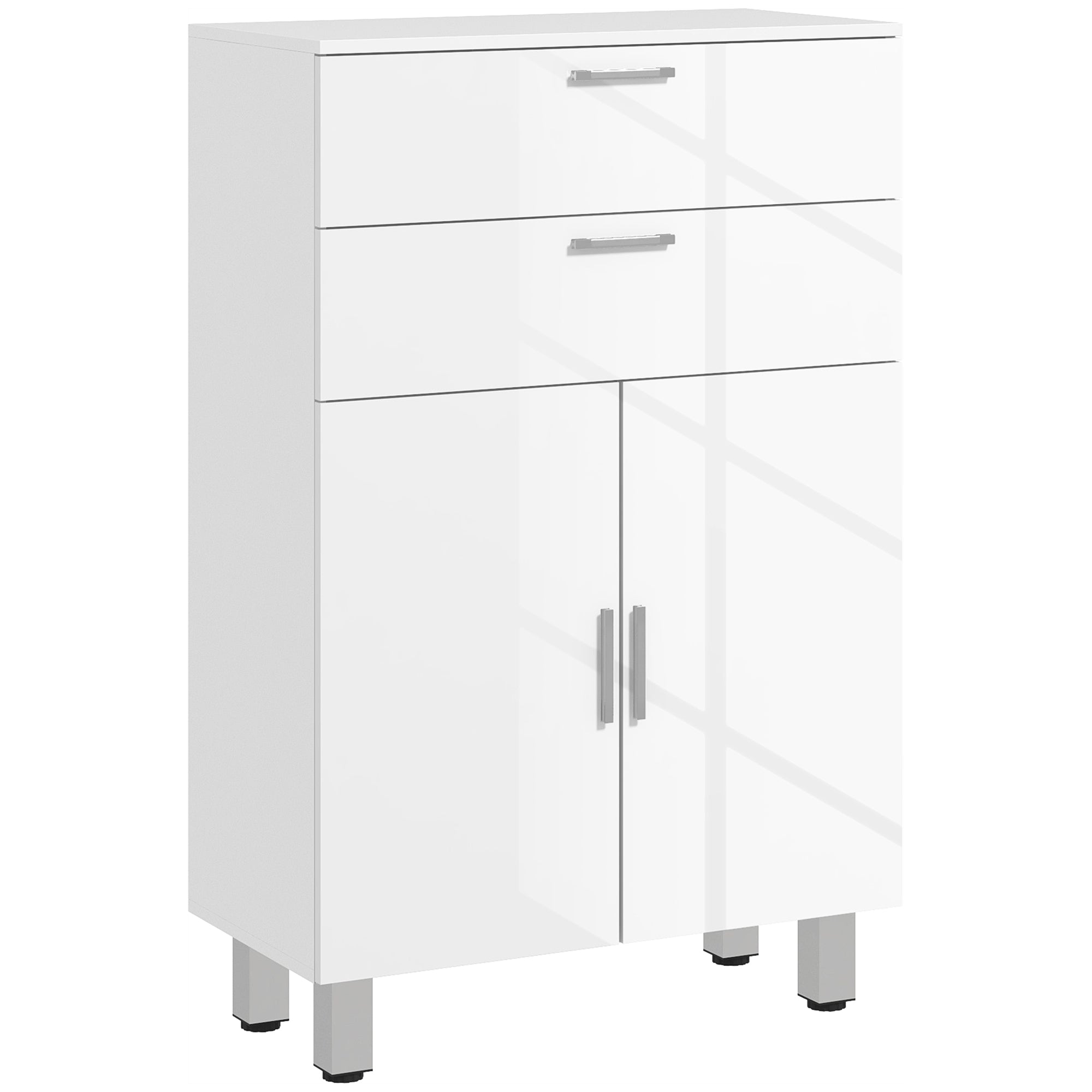 Meuble de salle de bain, meuble de rangement avec 2 tiroirs, placard à double porte, étagères réglables et base surélevée, armoire salle de bain, salon, chambre, 60x30x93cm, blanc brillant