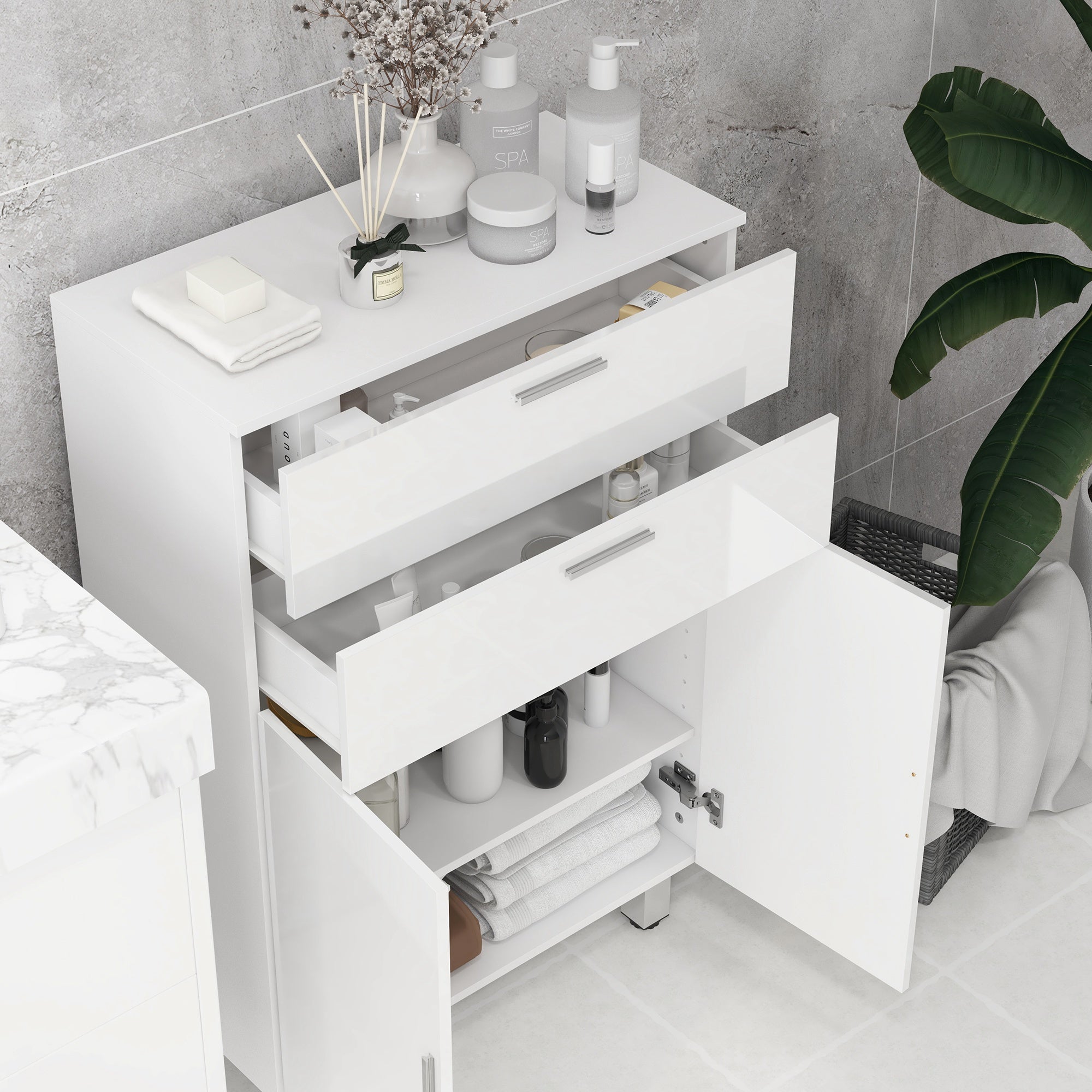 Meuble de salle de bain, meuble de rangement avec 2 tiroirs, placard à double porte, étagères réglables et base surélevée, armoire salle de bain, salon, chambre, 60x30x93cm, blanc brillant