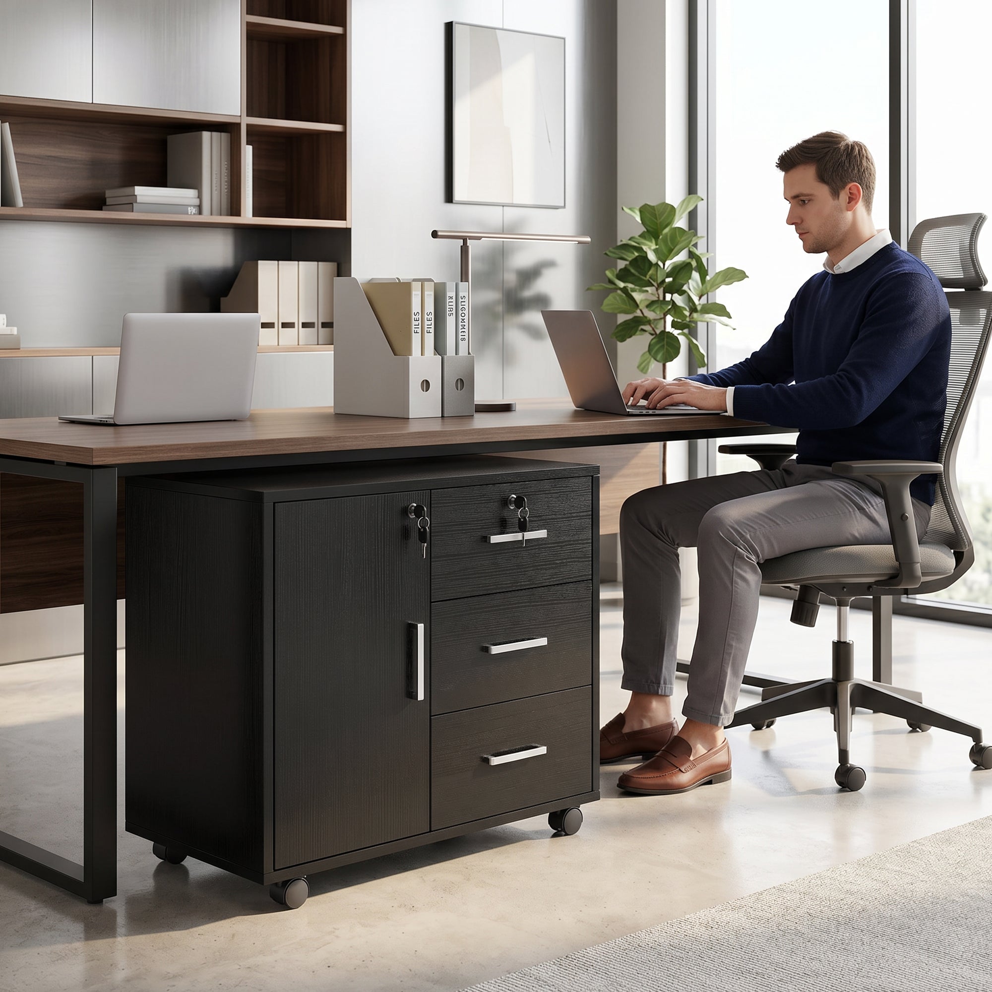 Caisson bureau meuble de rangement avec 3 tiroirs et étagère réglable, armoire rangement bureau verrouillable avec roulettes, dim. 40 x 60 x 56 cm, noir