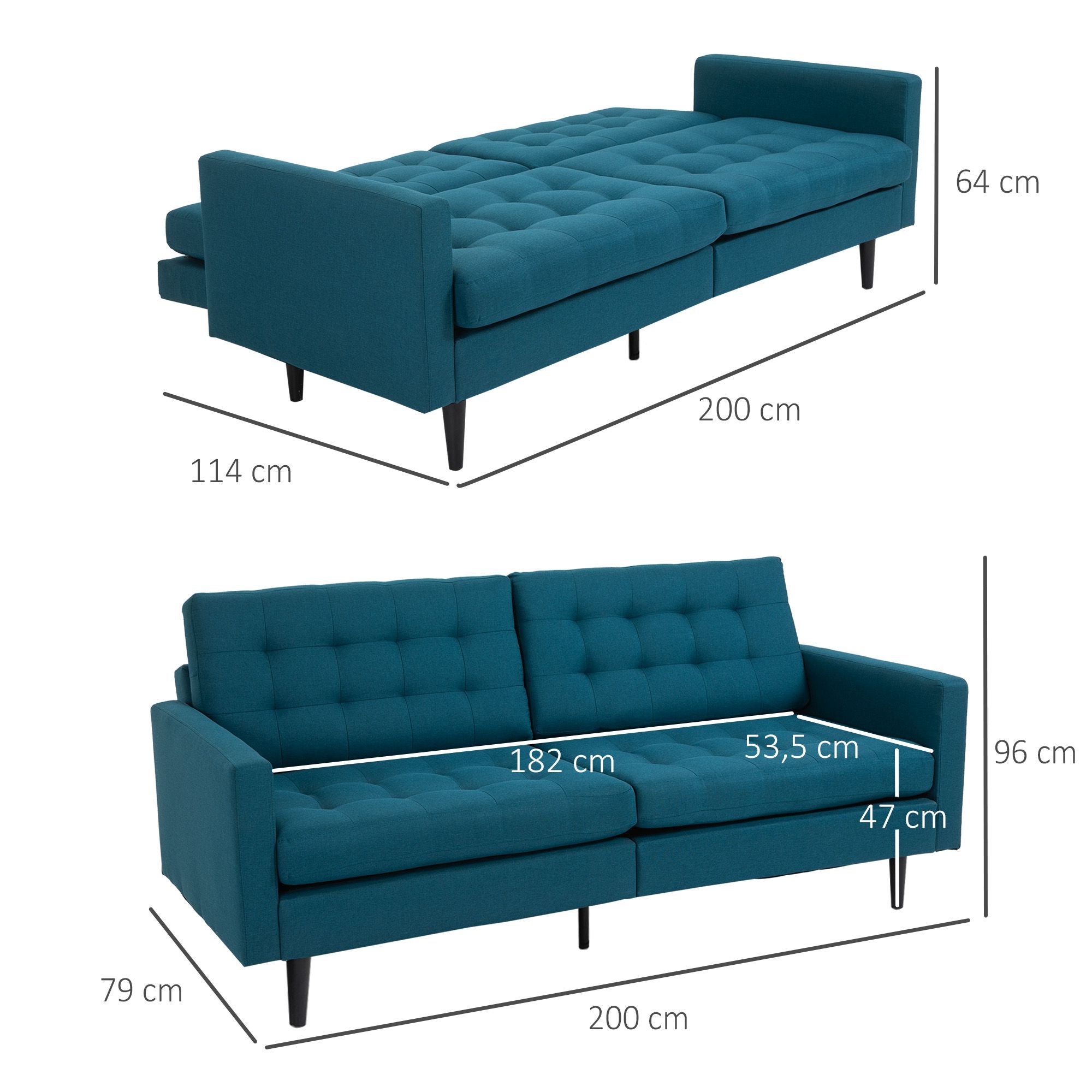 Canapé Convertible 3 Places Design Contemporain Dossier inclinable indépendamment 3 Positions Lin Bleu Canard