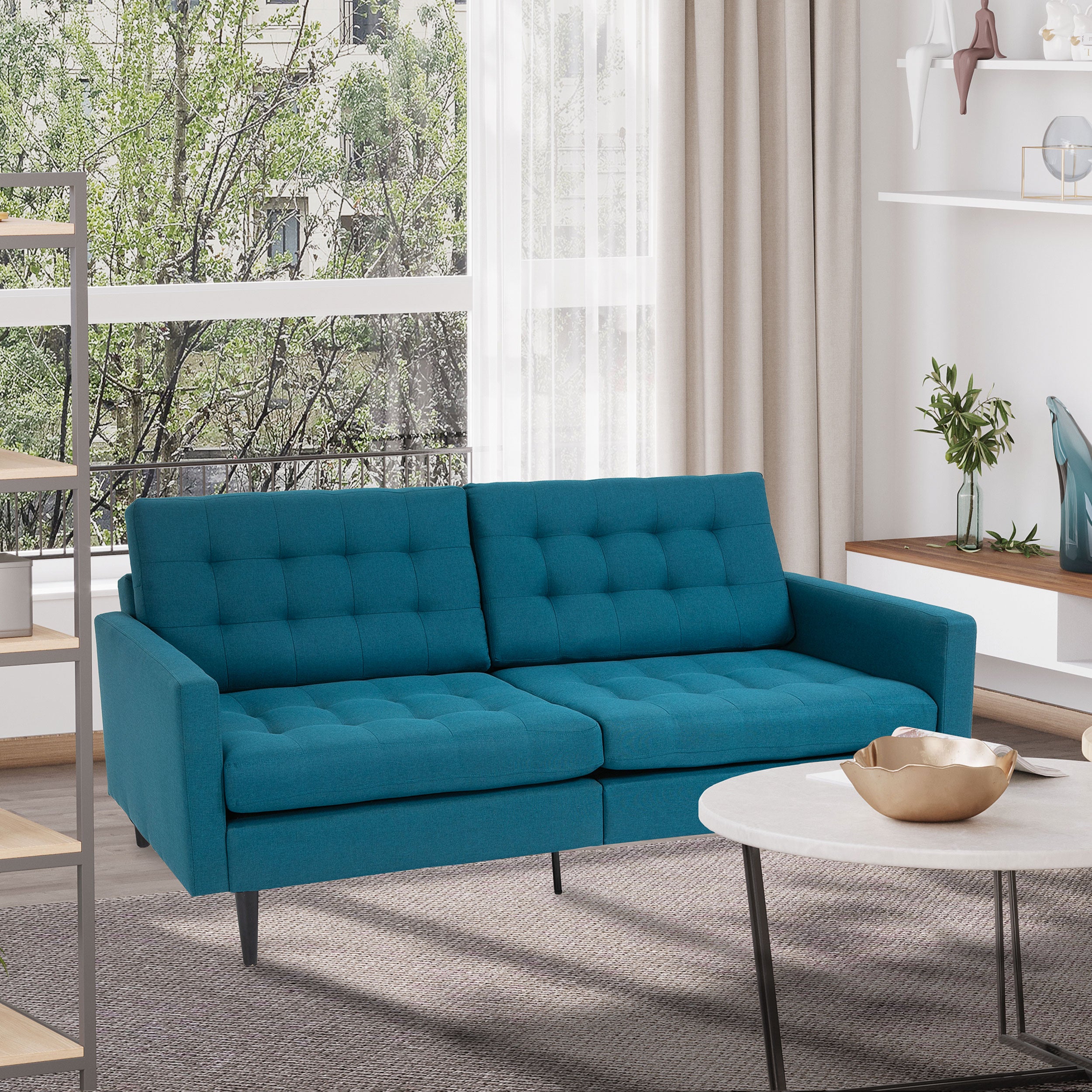 Canapé Convertible 3 Places Design Contemporain Dossier inclinable indépendamment 3 Positions Lin Bleu Canard