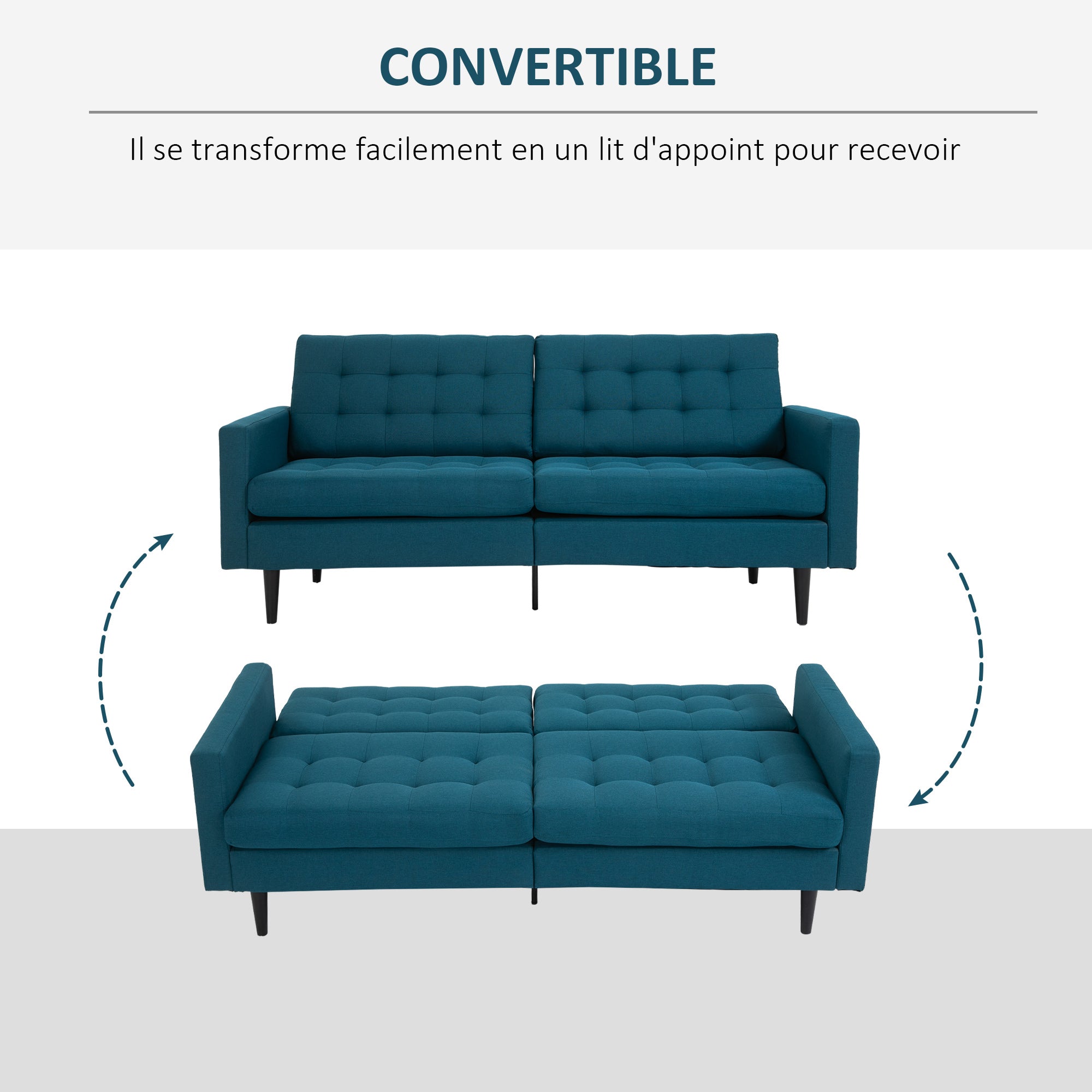 Canapé Convertible 3 Places Design Contemporain Dossier inclinable indépendamment 3 Positions Lin Bleu Canard