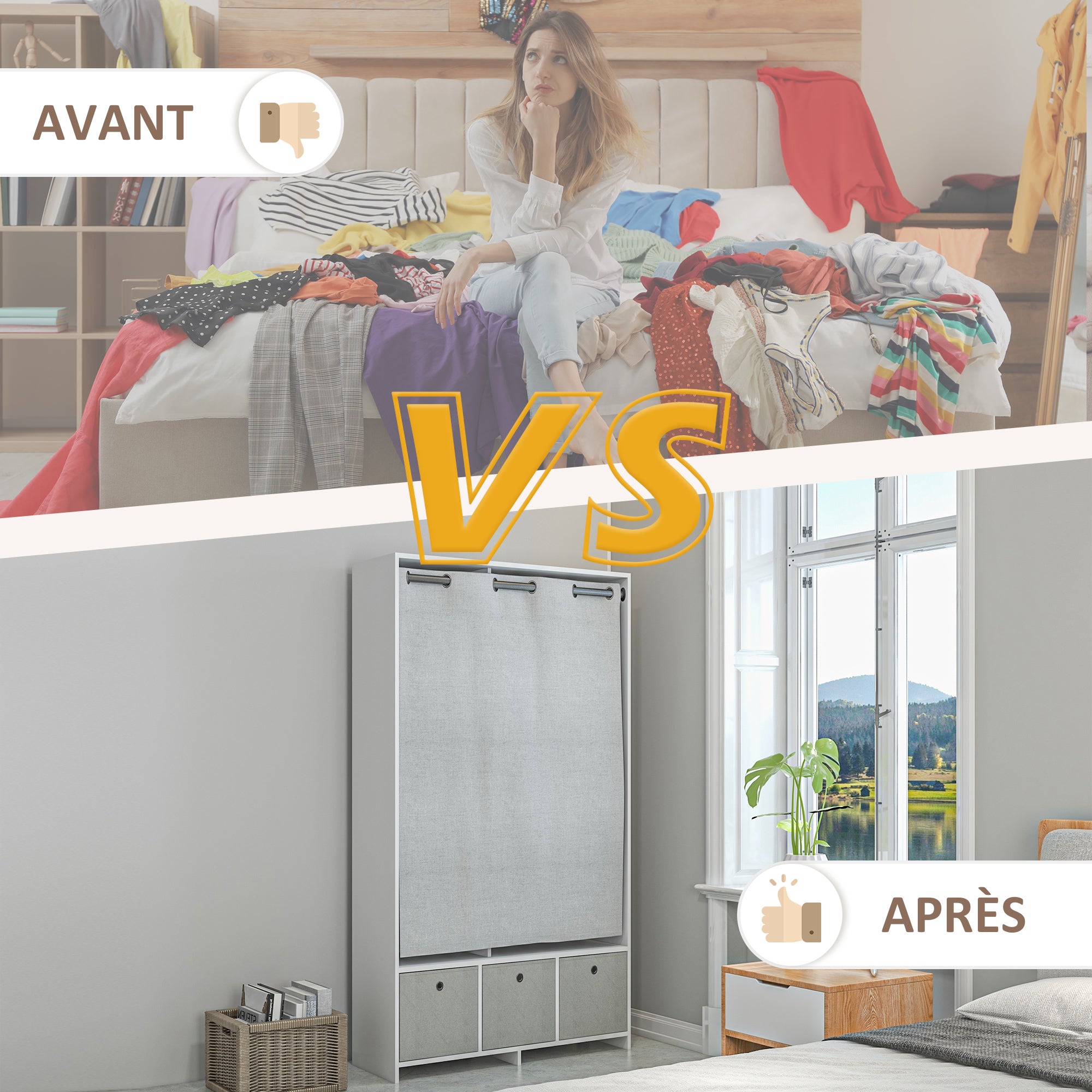 Armoire penderie, dressing avec rideau, armoire chambre vêtement, garde-robe avec tringle, 3 compartiments et 3 tiroirs en tissu amovibles - 105 x 48 x 160 cm, blanc