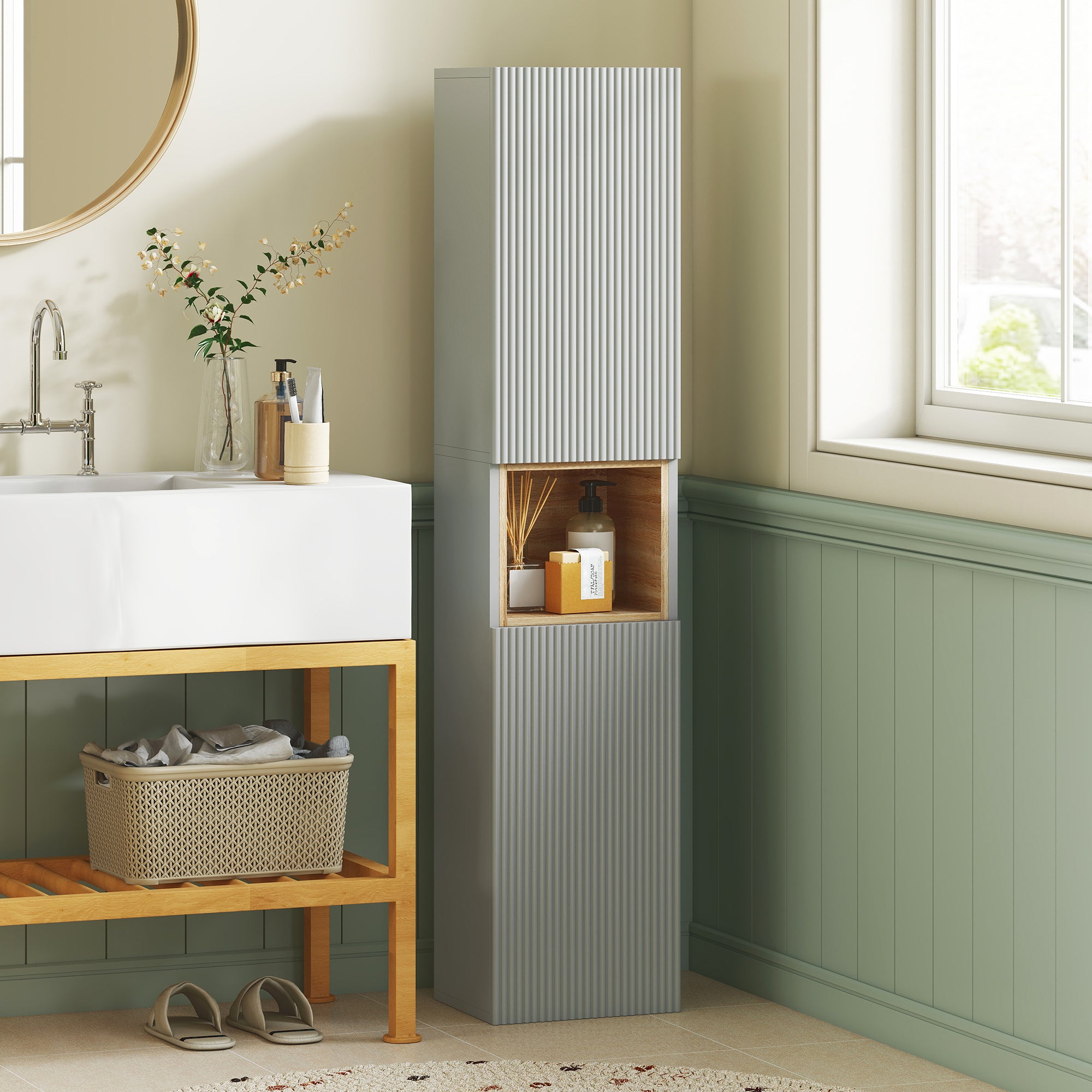 Meuble colonne salle de bain, meuble de rangement étroit avec 2 portes, compartiment ouvert et étagères réglables, pour toilette, petits espaces, 30 x 24 x 140 cm, vert
