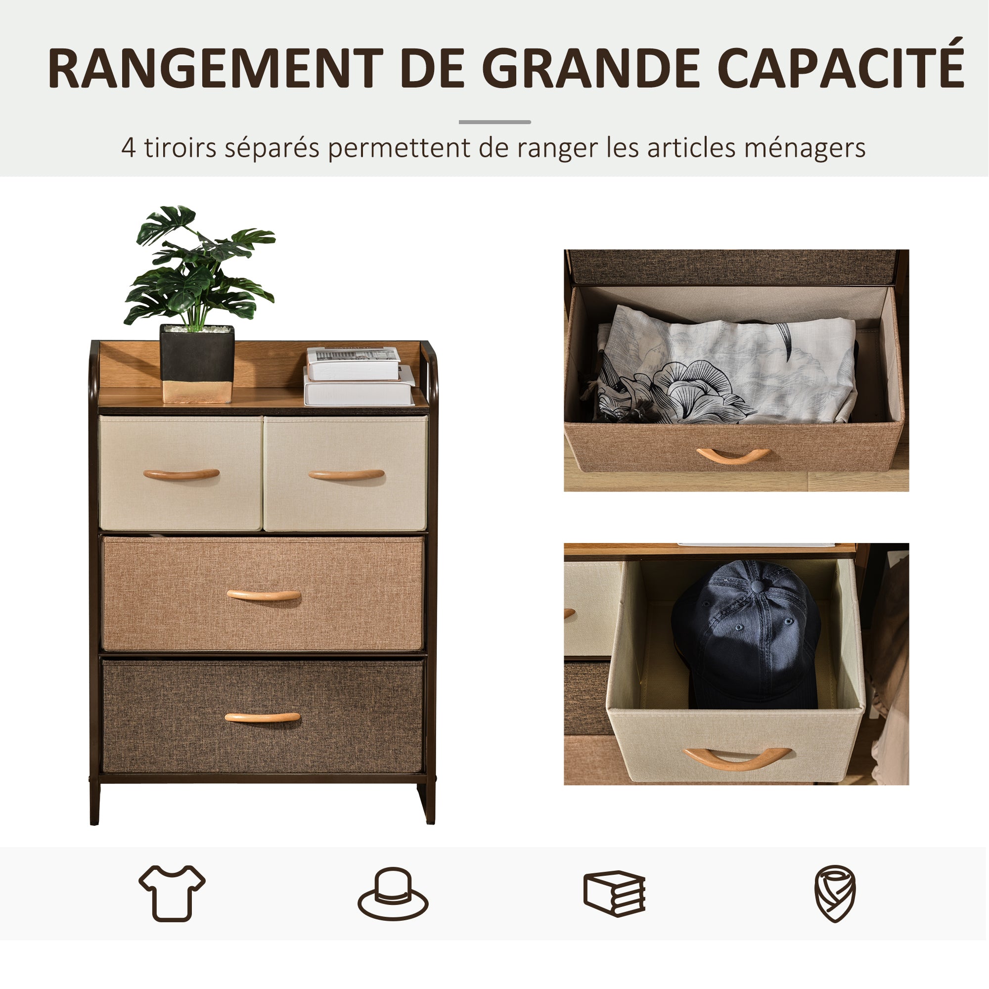 Commode Meuble de Rangement 4 tiroirs en Tissu 58 x 29 x 78,5 cm multicolore