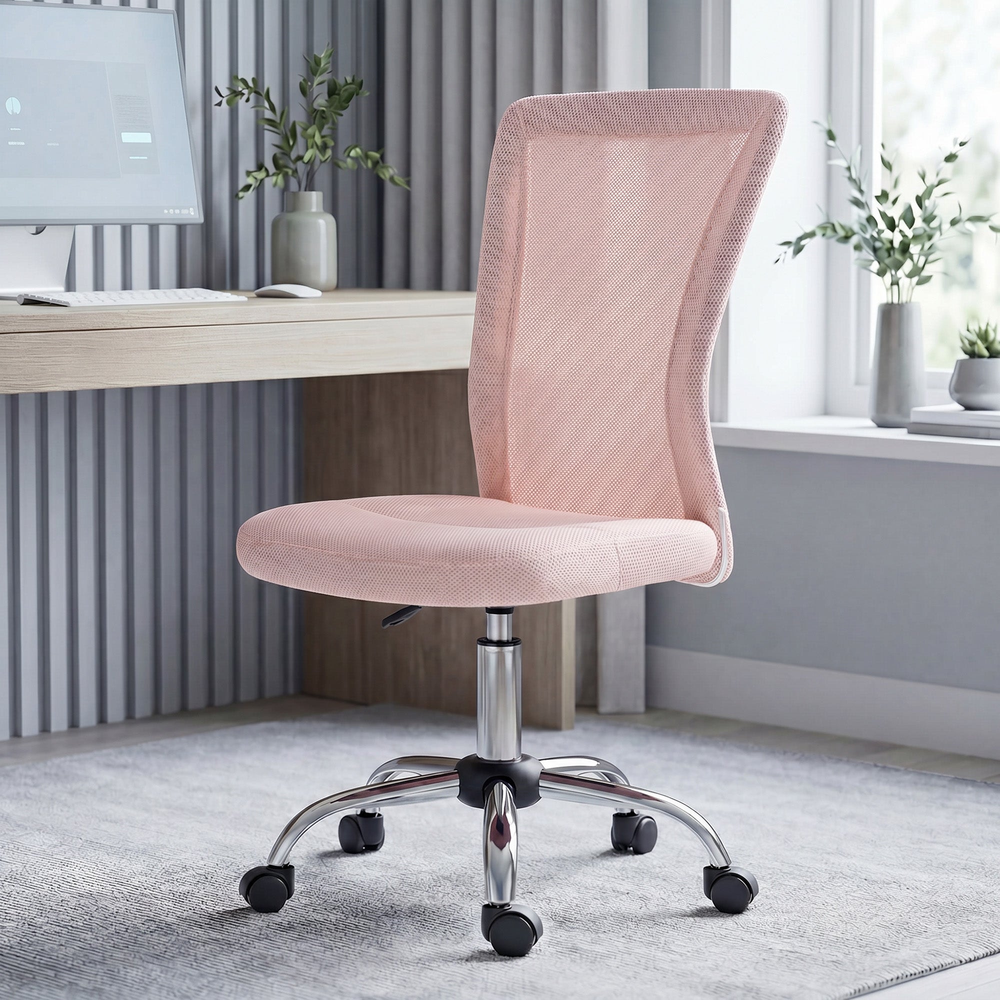 Chaise de bureau ergonomique fauteuil de bureau hauteur réglable piètement chromé pivotant 360° revêtement maille rose