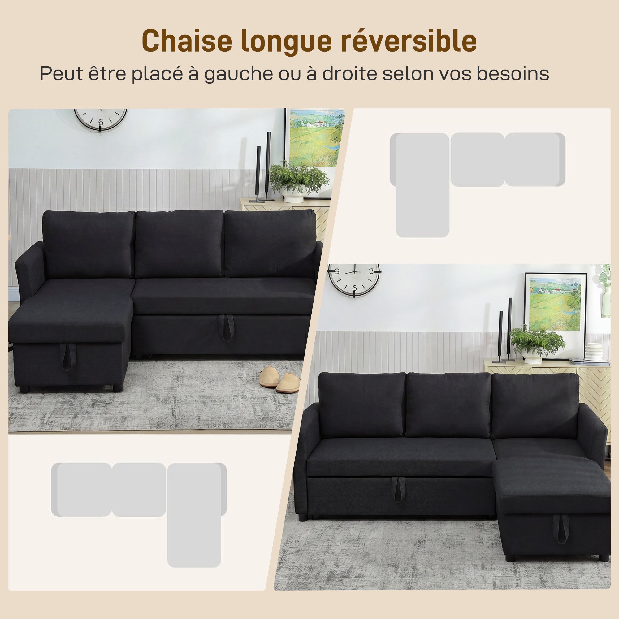 Canapé d'Angle Convertible, Canapé-Lit 3 Places 192 cm avec Méridienne Réversible, Espace de Rangement Caché, Coussins Inclus, Tissu Aspect Lin, pour Salon, Bureau, Appartement, Gris Anthracite