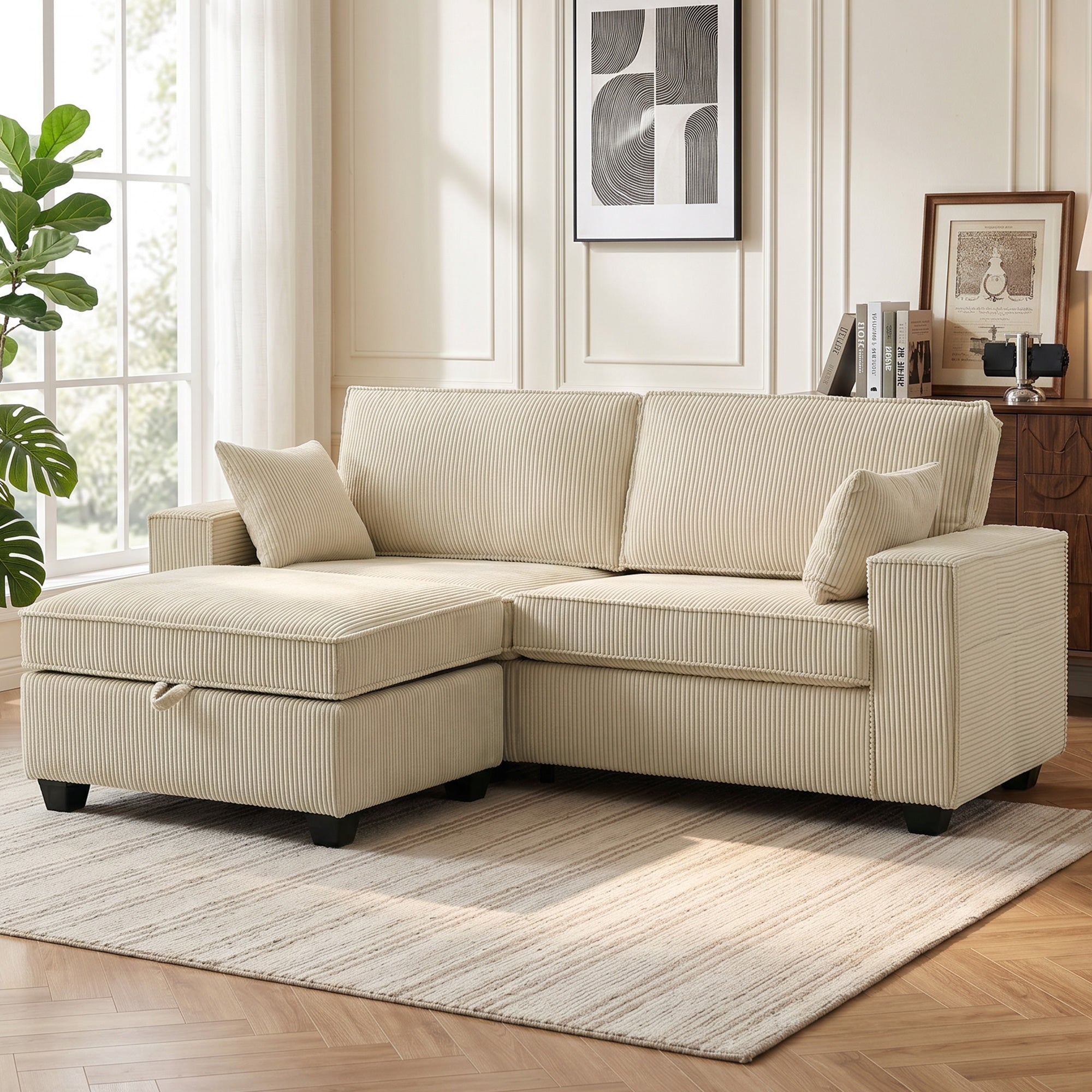 Canapé 3 Places avec Pouf de Rangement, Canapé d'Angle en Velours Côtelé 216 cm, Assise Large, Accoudoirs Larges, 2 Coussins, Coussins à Ressorts, Poches Latérales, pour Salon, Chambre, Beige
