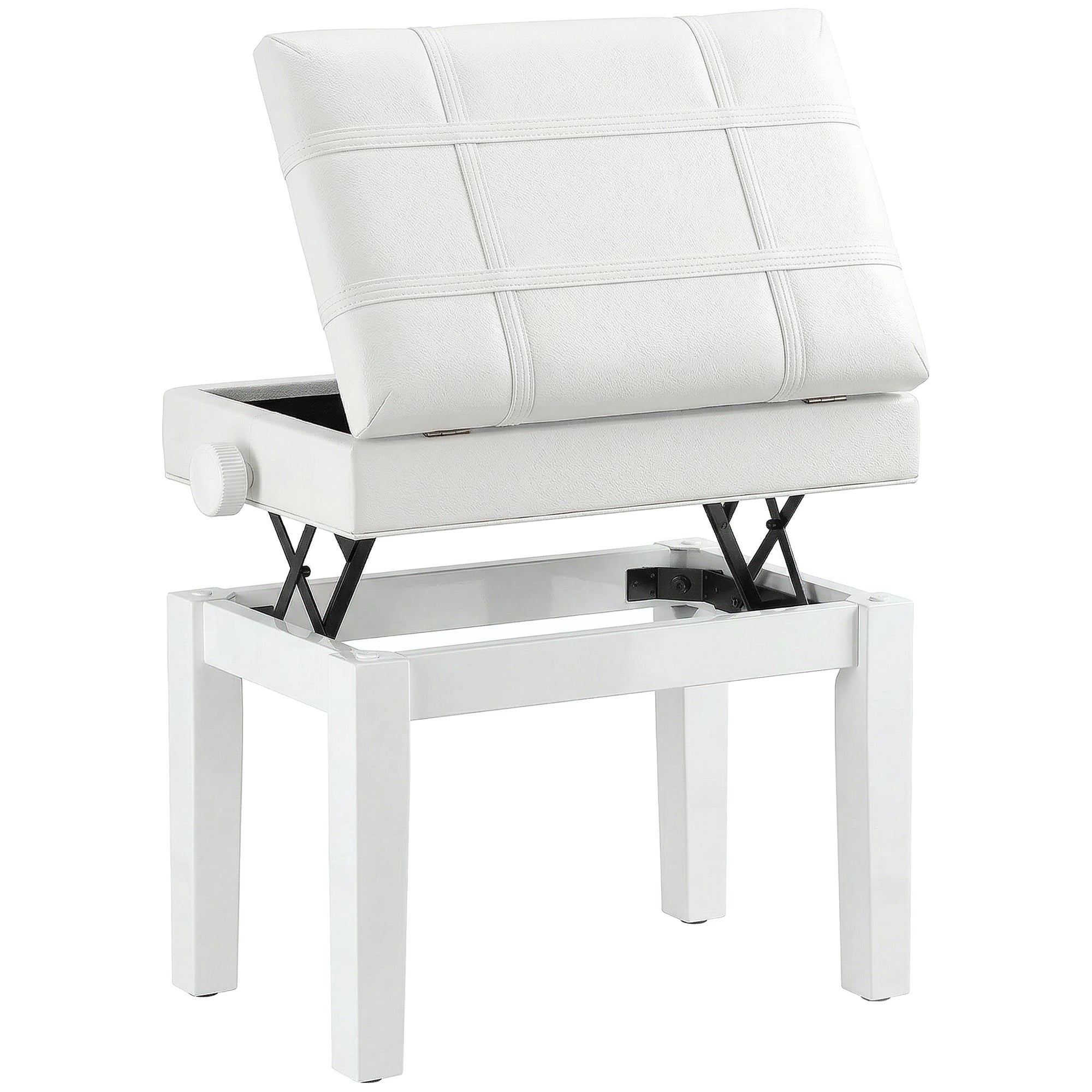 Banc de piano, banc de clavier réglable en hauteur en bois massif, tabouret piano avec compartiment caché, siège rembourré polyuréthane, stable et antidérapant, charge 150kg, blanc