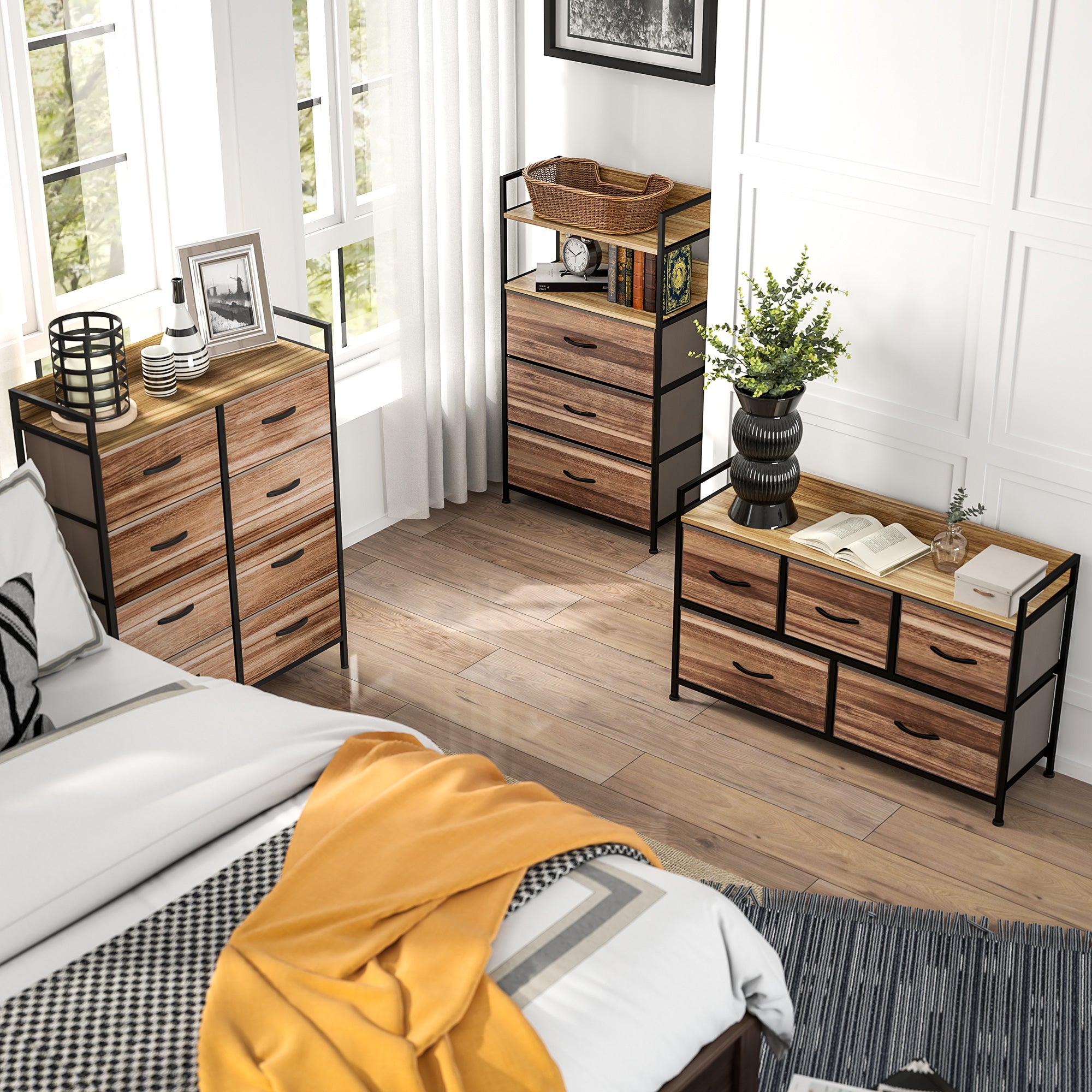 Commode Meuble de Rangement 5 tiroirs en Tissu 98 x 29 x 63 cm structure en acier noir