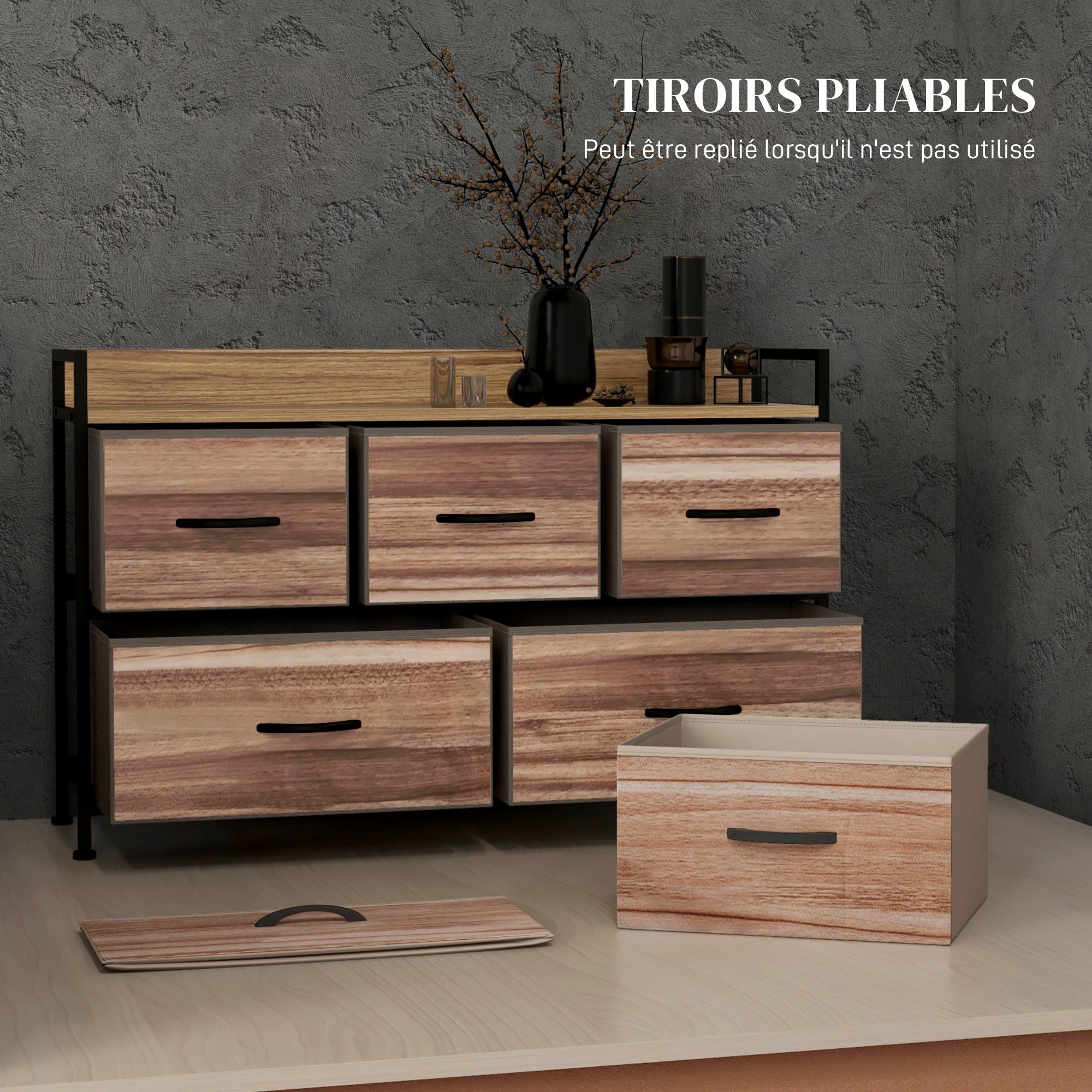 Commode Meuble de Rangement 5 tiroirs en Tissu 98 x 29 x 63 cm structure en acier noir